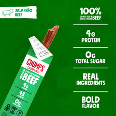 Close-up texture of Chomps jalapeño beef showing real meat and pepper bits for flavor clarity