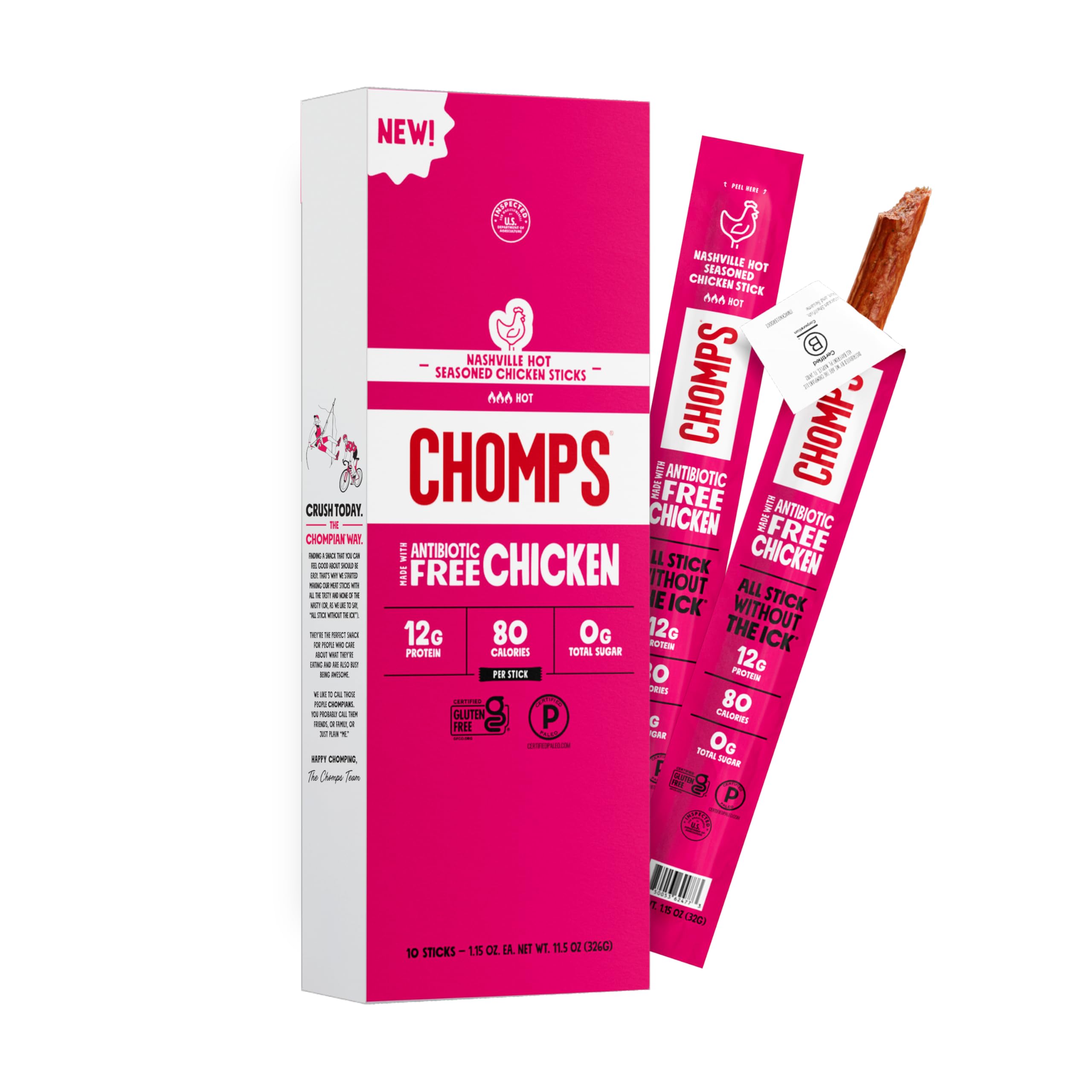 Chomps front packaging showing Nashville Hot Chicken and 10-count convenience