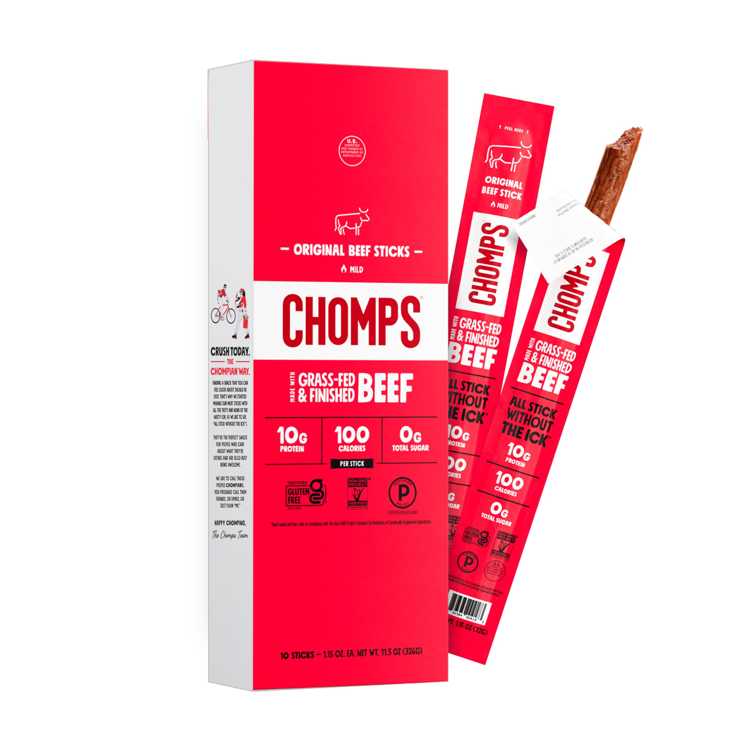 Chomps front packaging showing 10-count box and brand visibility for easy grab-and-go