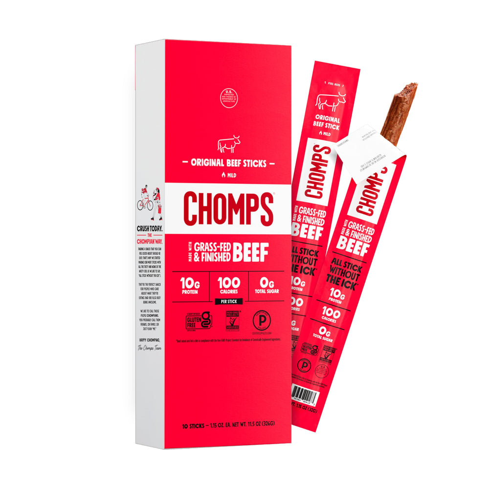 Chomps front packaging showing 10-count box and brand visibility for easy grab-and-go