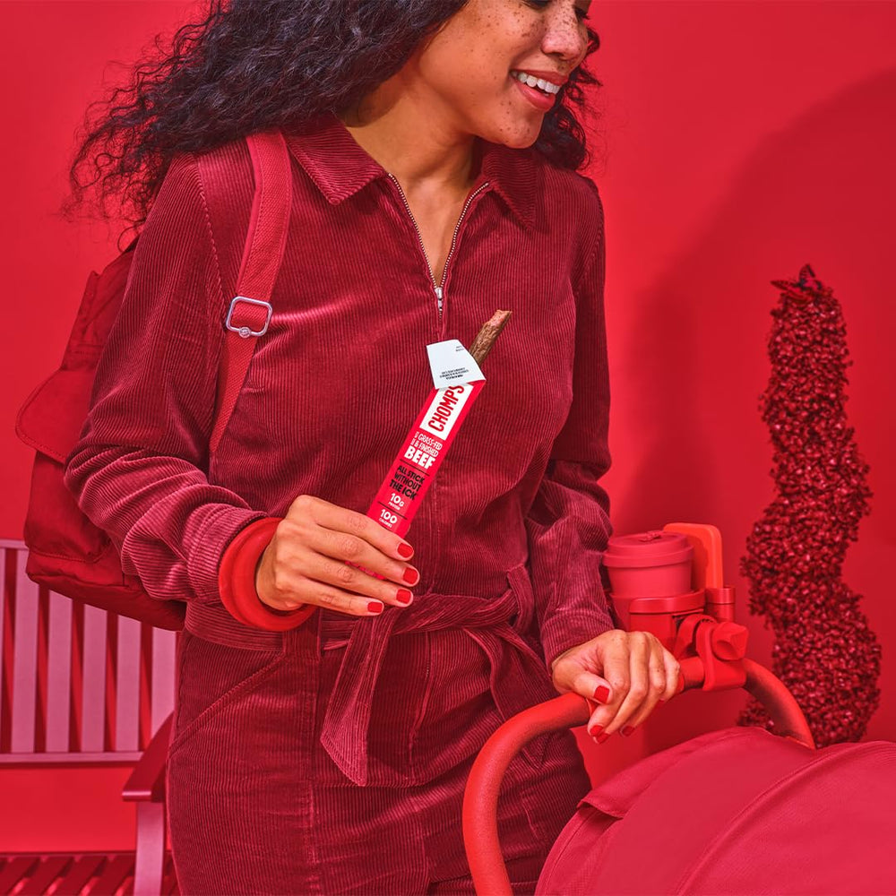 Chomps stick bite action showing ease of eating and portable energy boost