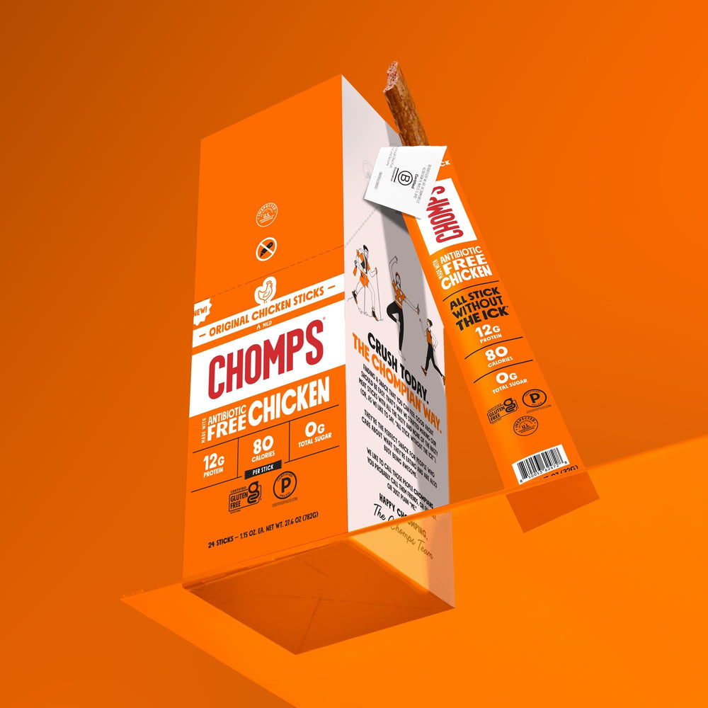 Open 24-count display of Chomps sticks showcasing individual packaging