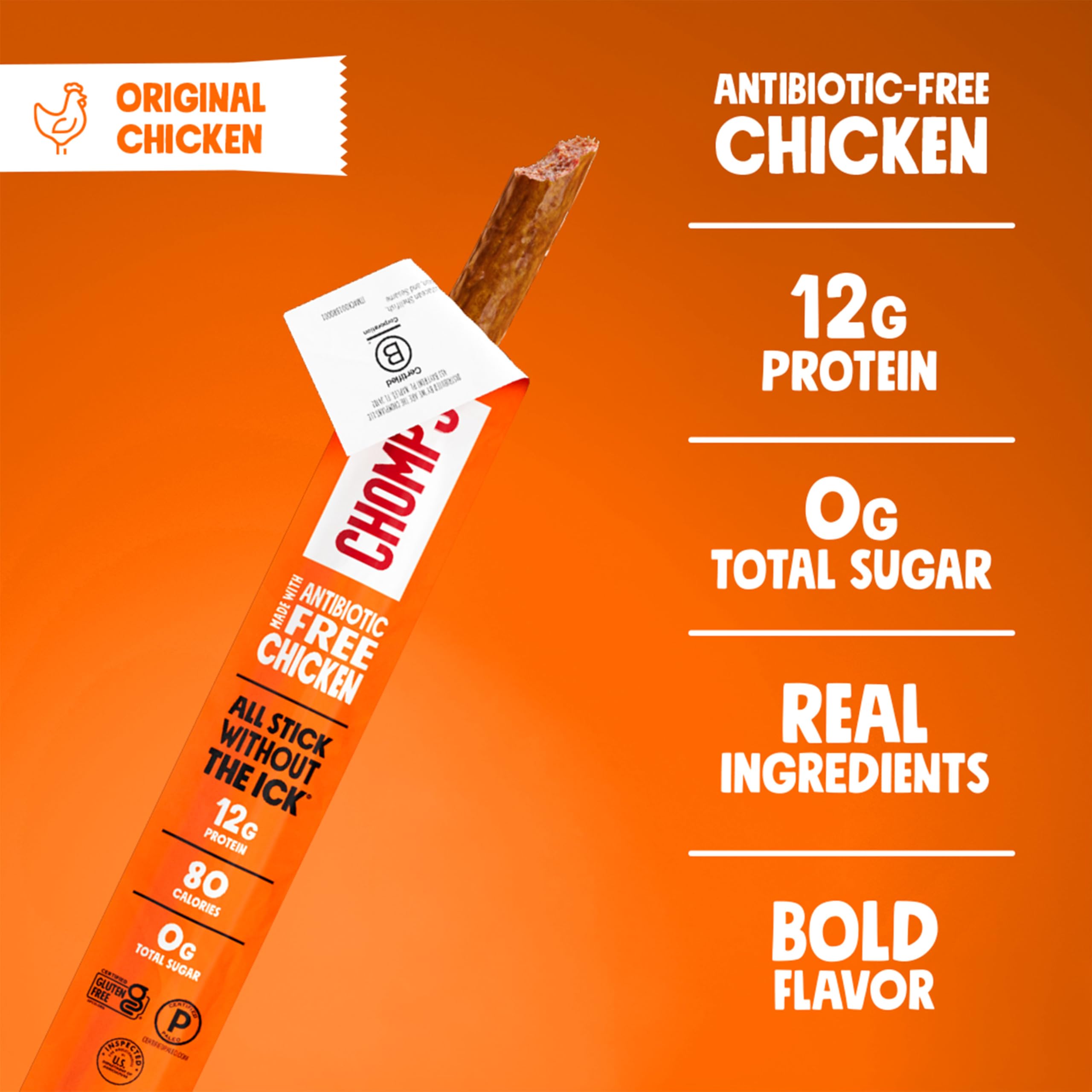 Chomps ingredient label emphasizing nitrate-free and allergen-free attributes