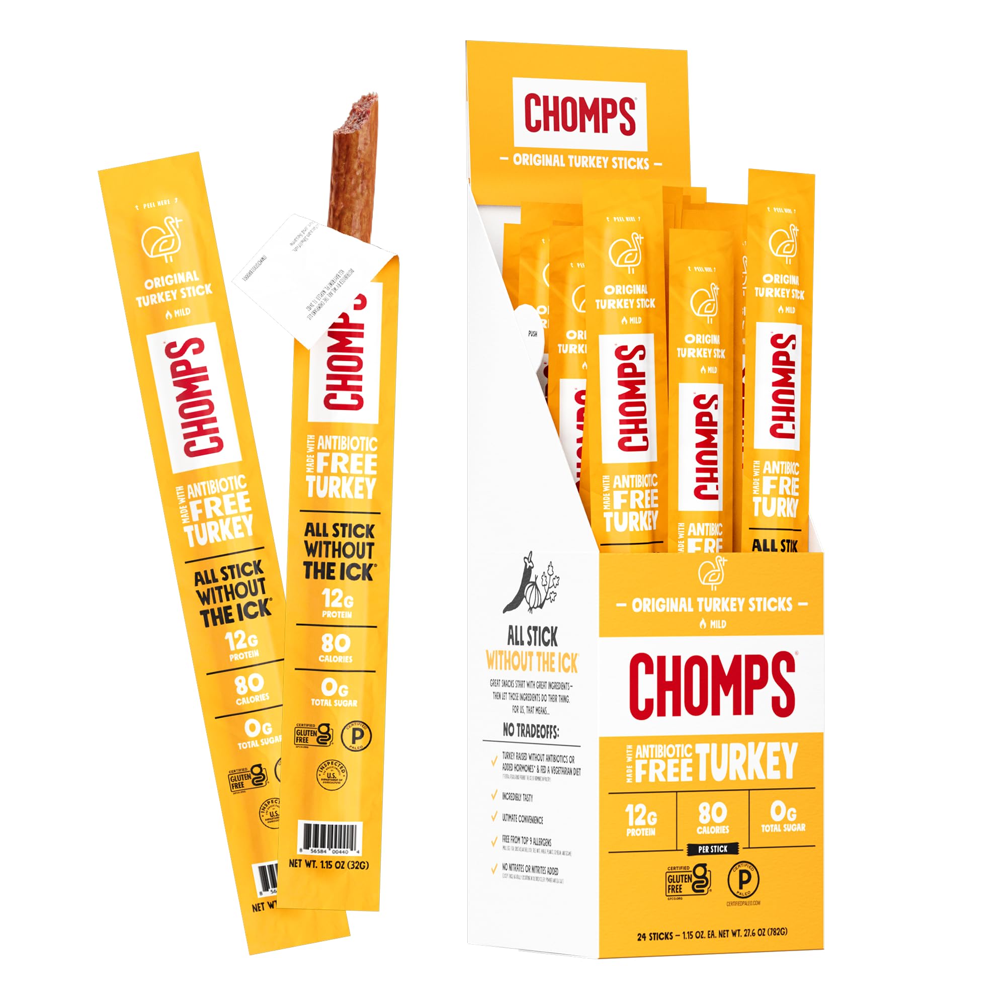 Chomps original turkey front packaging showing convenient 24-count box and branding