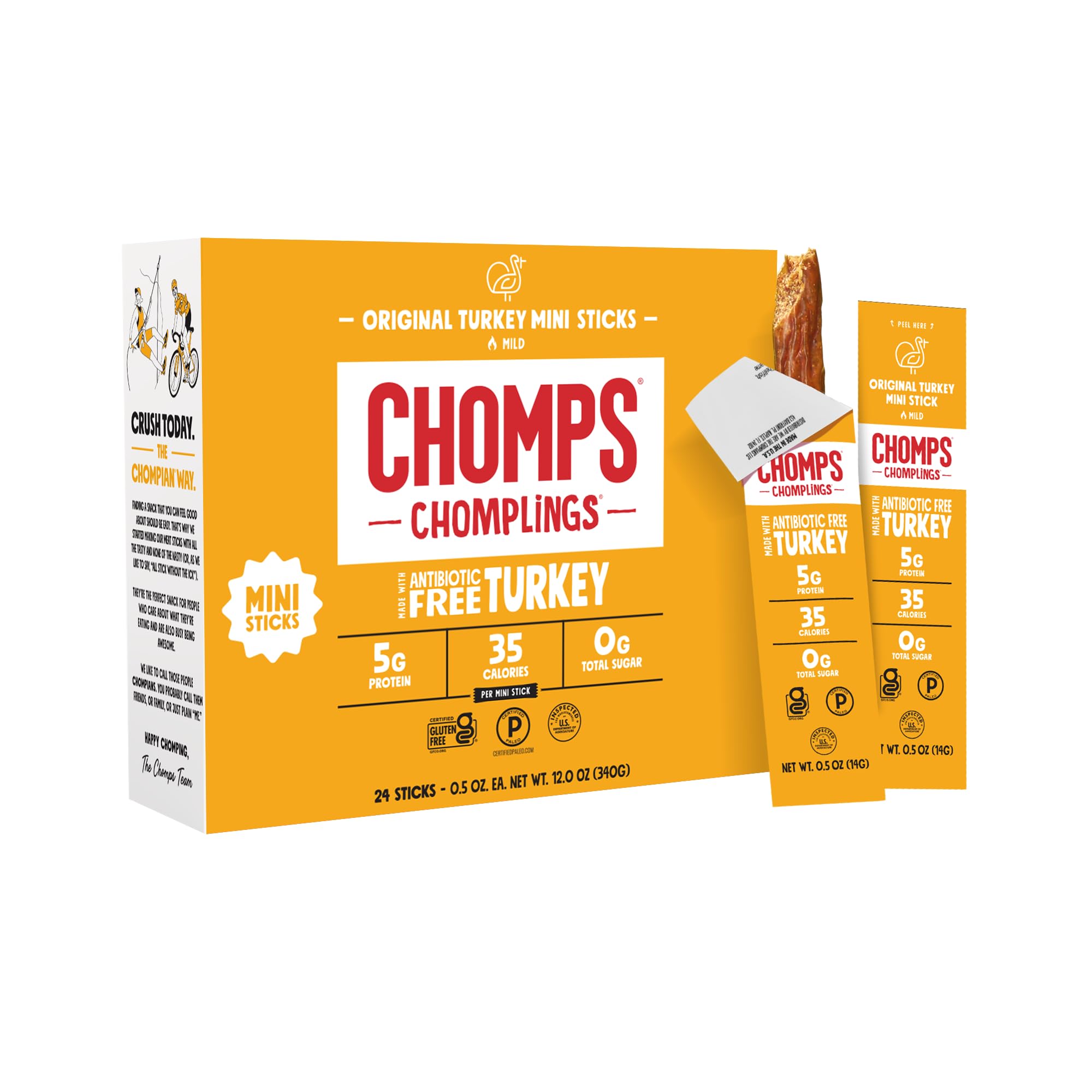 Chomps front packaging showing 24 count, convenient protein supply