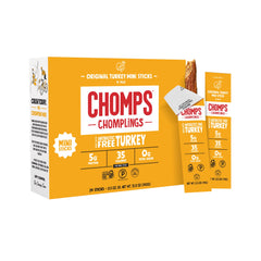 Chomps front packaging showing 24 count, convenient protein supply