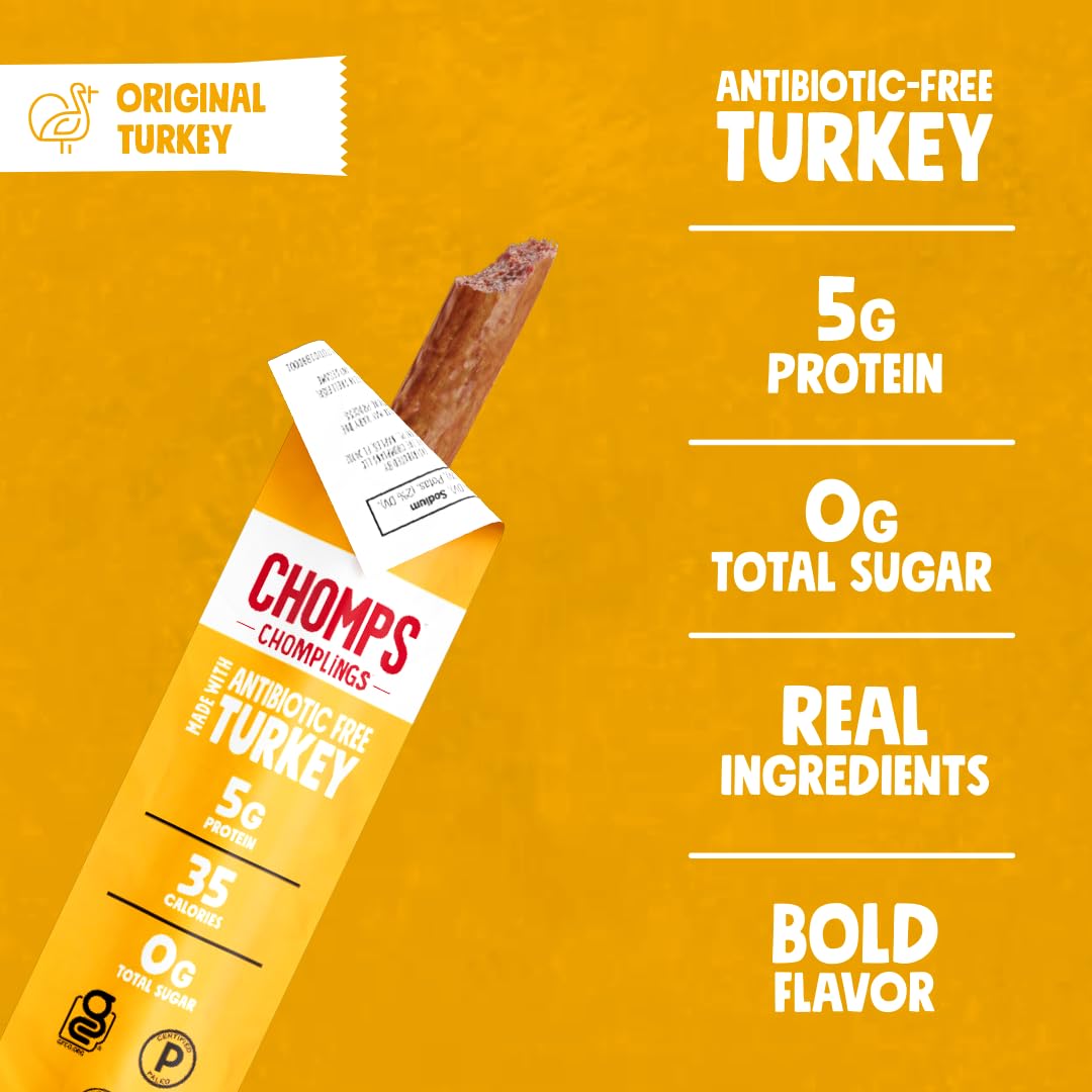 Texture detail of Chomps turkey stick, showing tender chew benefit