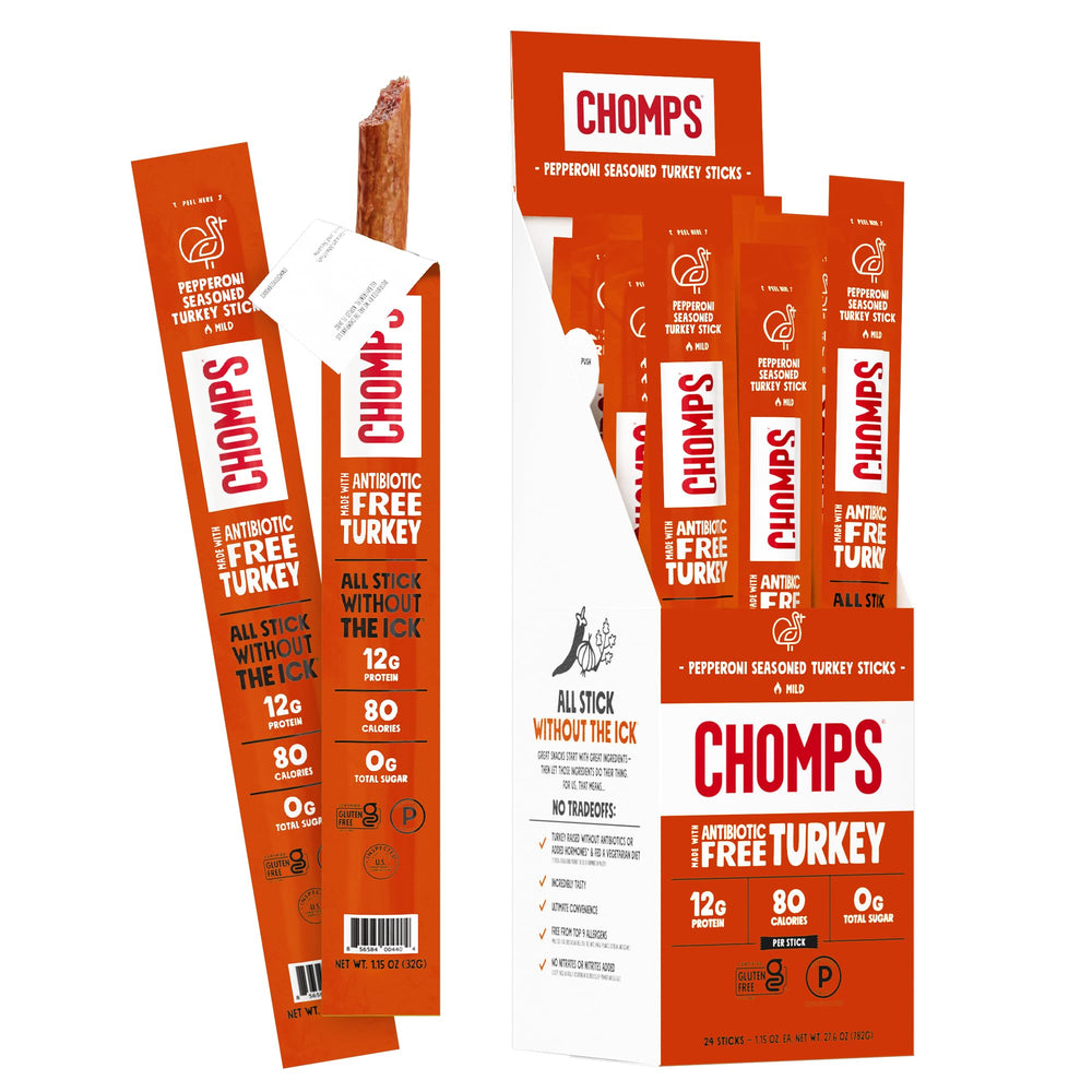 Chomps front packaging showing pepperoni turkey sticks and convenient 24-count benefit