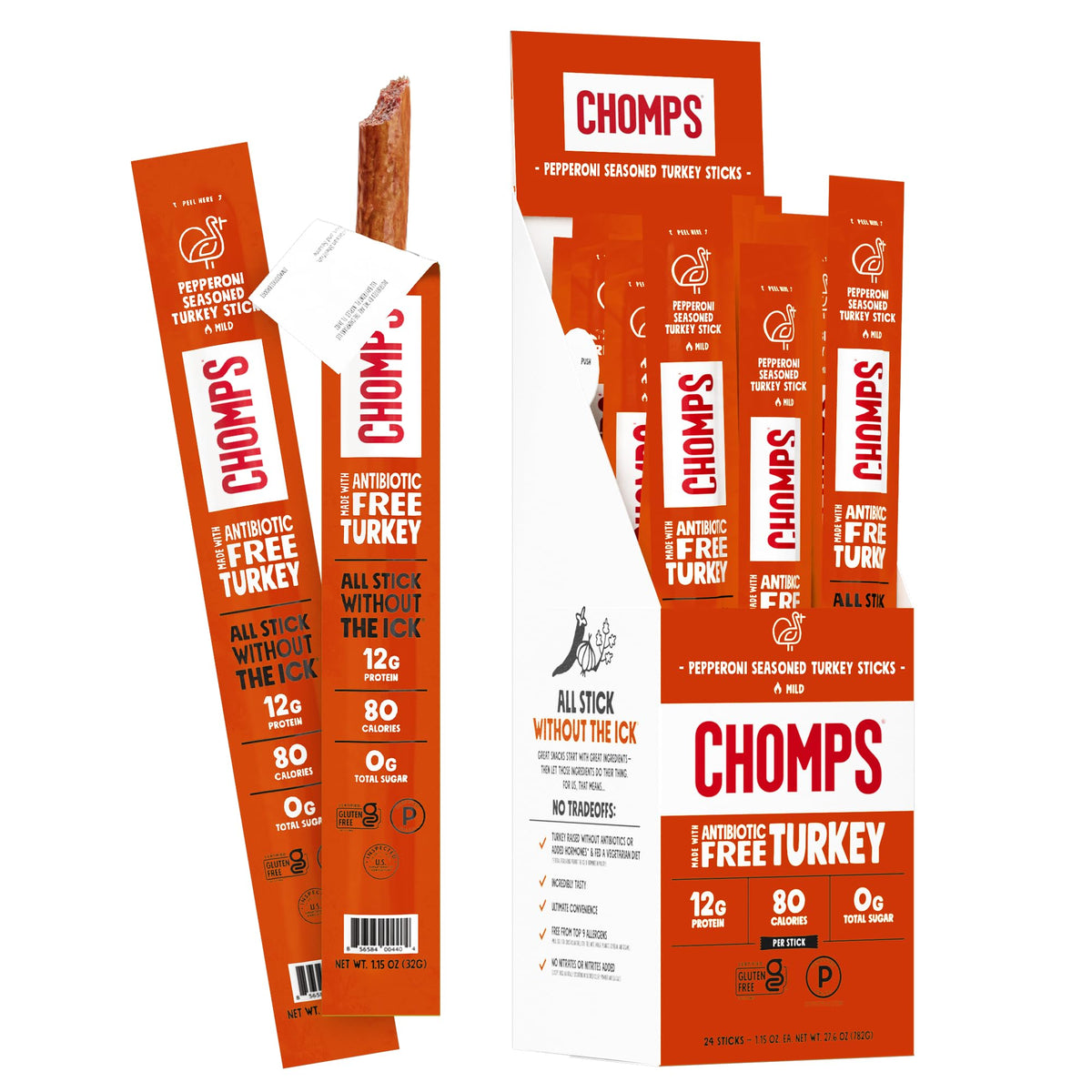 Chomps front packaging showing pepperoni turkey sticks and convenient 24-count benefit