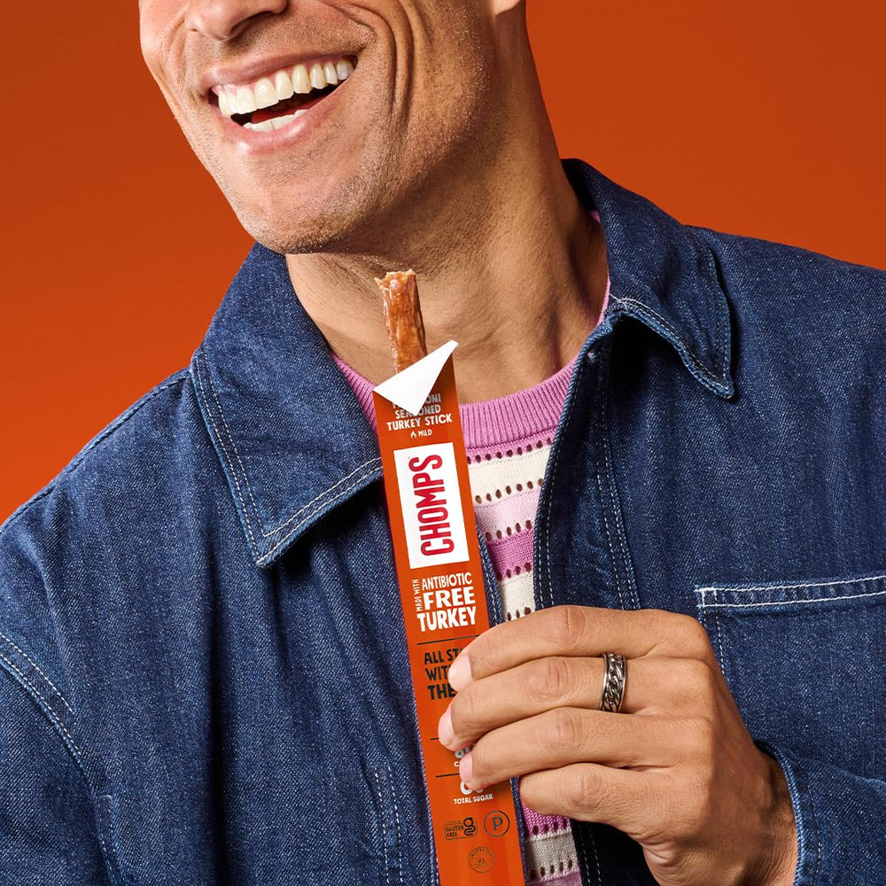 Chomps nutrition label close-up highlighting 12g protein and zero sugar benefits