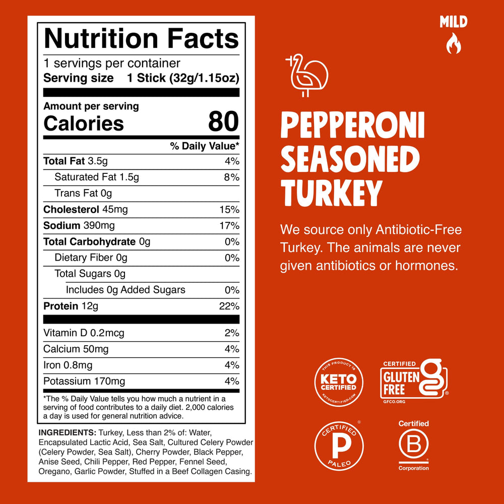 Close-up of single Chomps stick revealing pepperoni seasoning and ready-to-eat protein