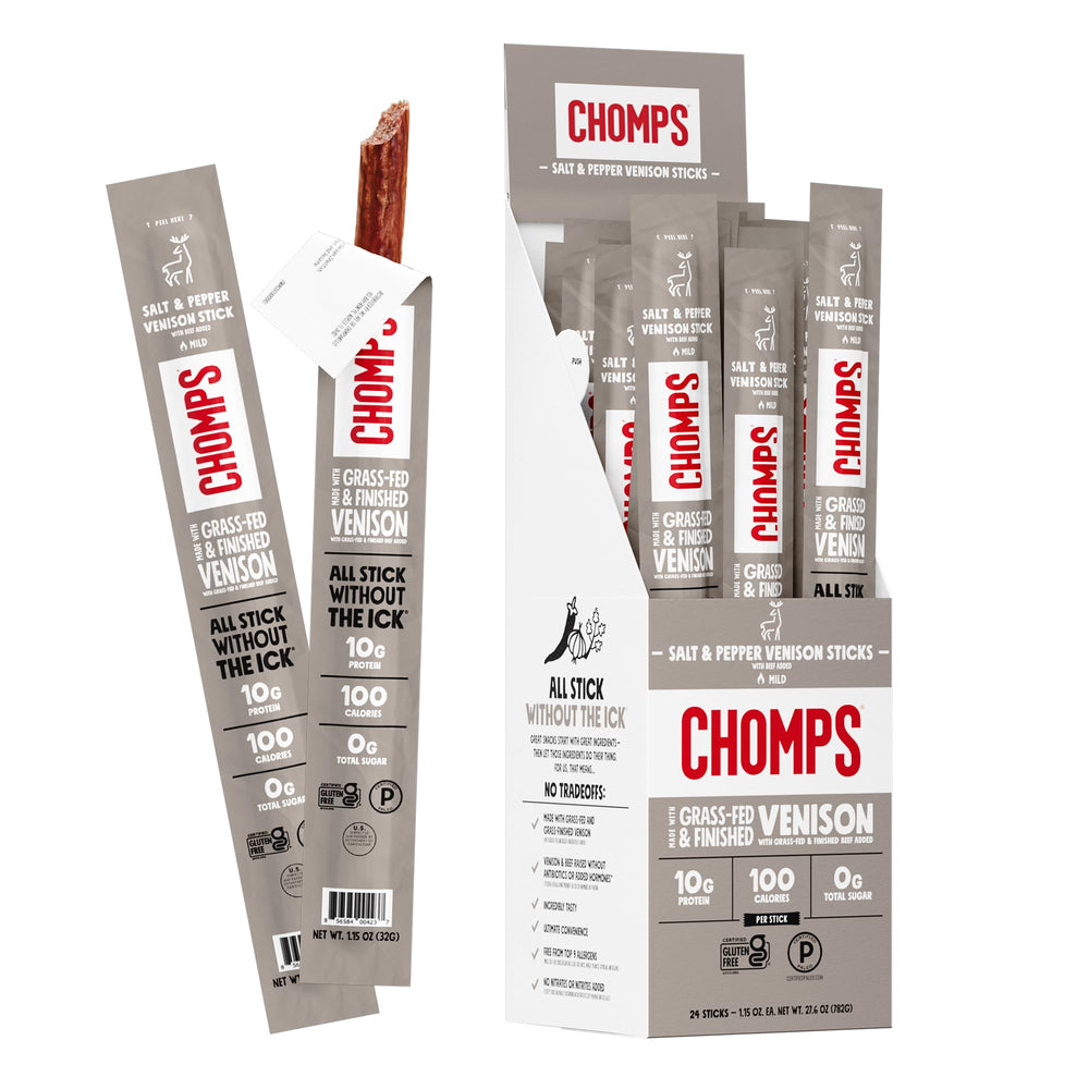 Chomps front packaging showing 24-count box and salt & pepper label benefit convenience