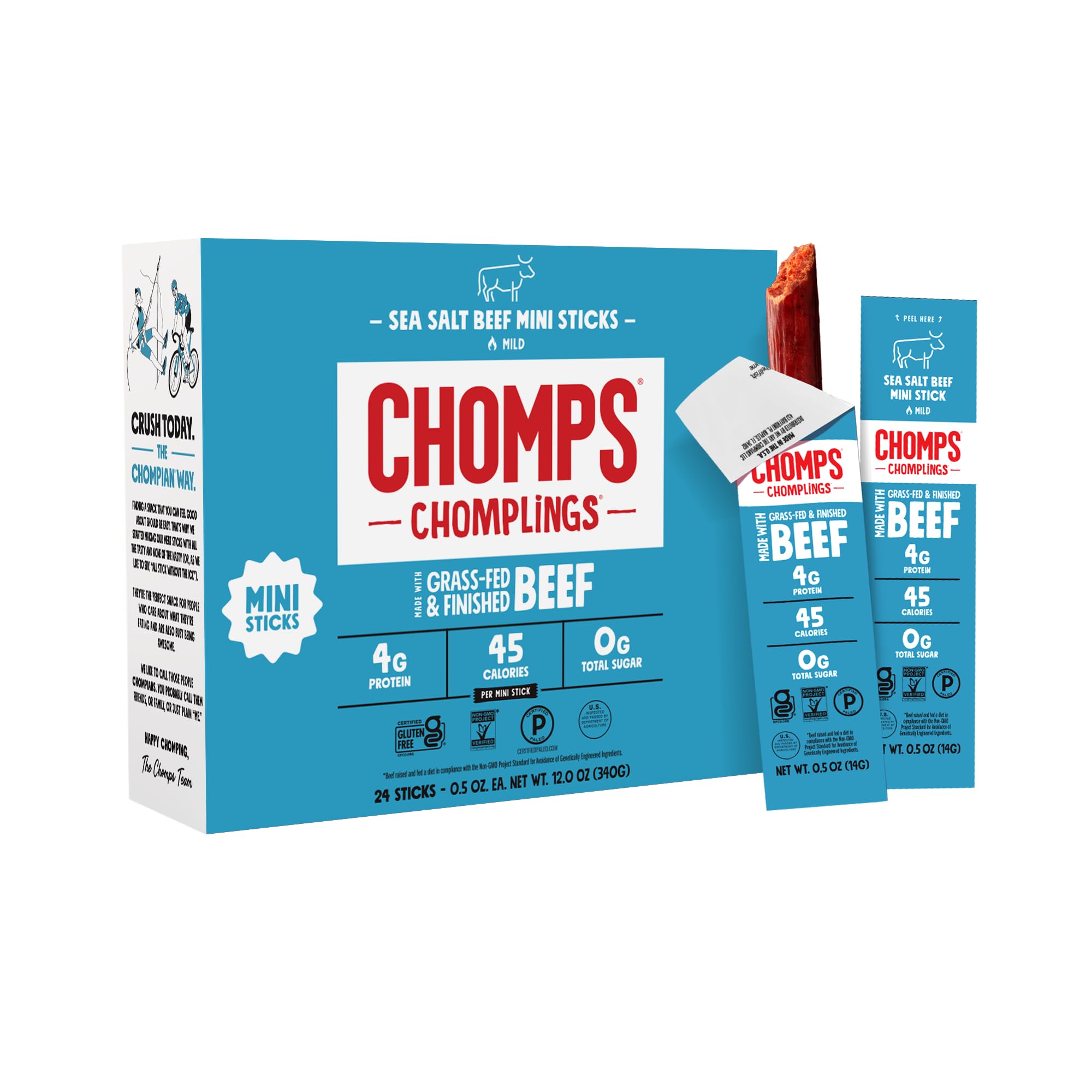 Chomps front packaging showing 24ct Sea Salt Chomplings and benefits