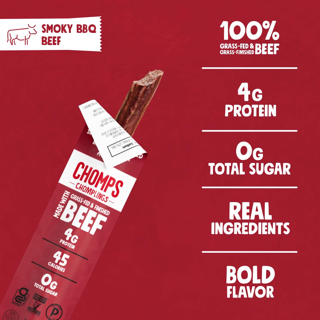 Chomps ingredient label close-up highlighting grass-fed beef and specs
