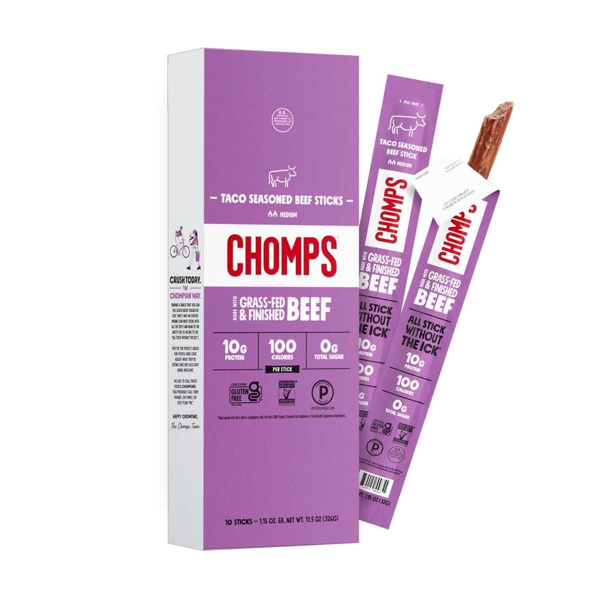 Chomps front packaging showing taco beef snack sticks and convenience