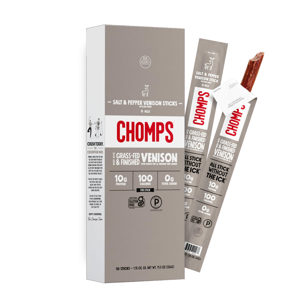 Chomps front packaging showing 10-count venison sticks and flavor
