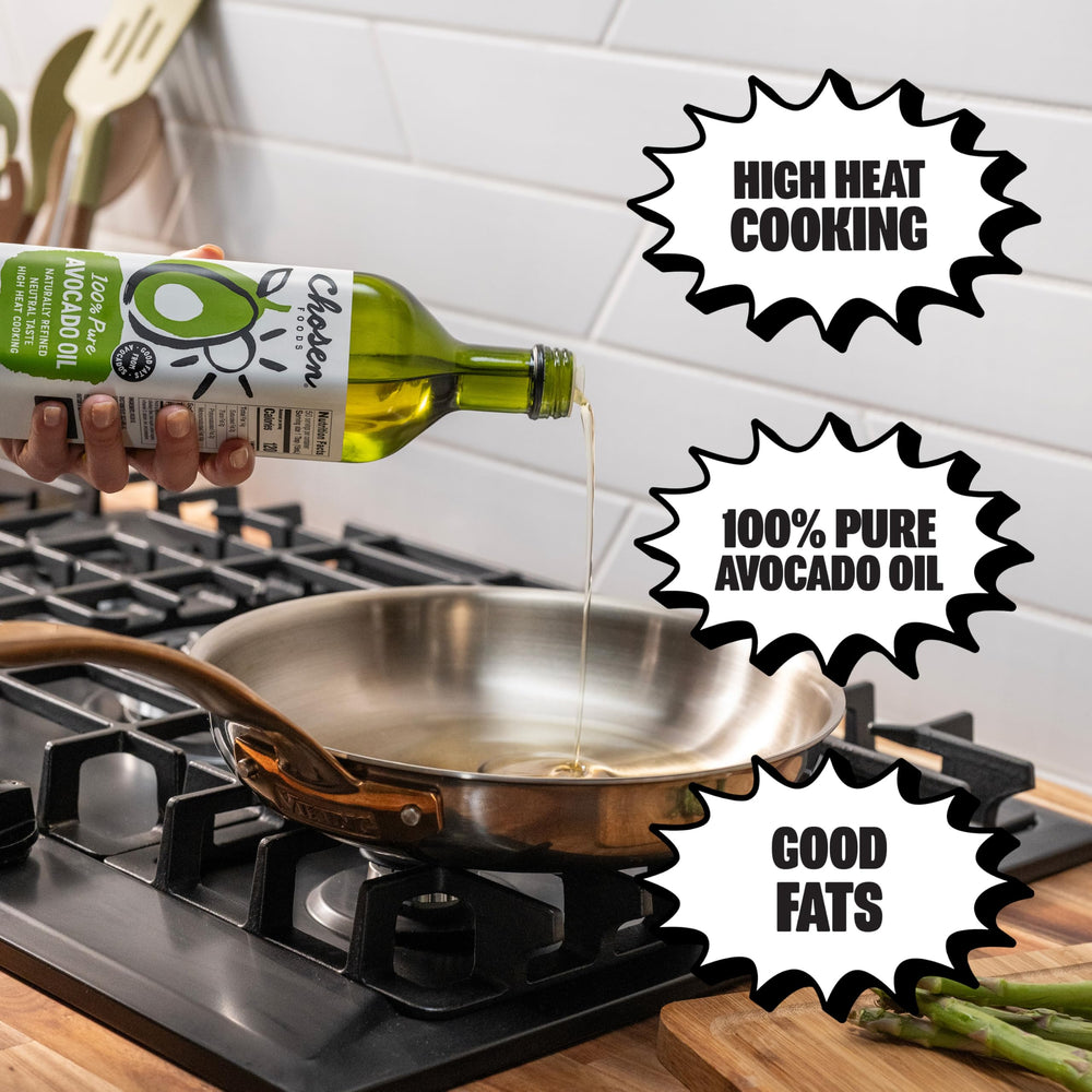Chosen Foods oil sizzling in hot pan showing high smoke point and reliable performance
