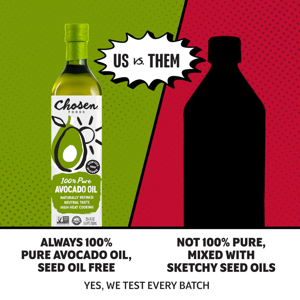 Chosen Foods oil being poured from bottle into pan demonstrating easy pour and control
