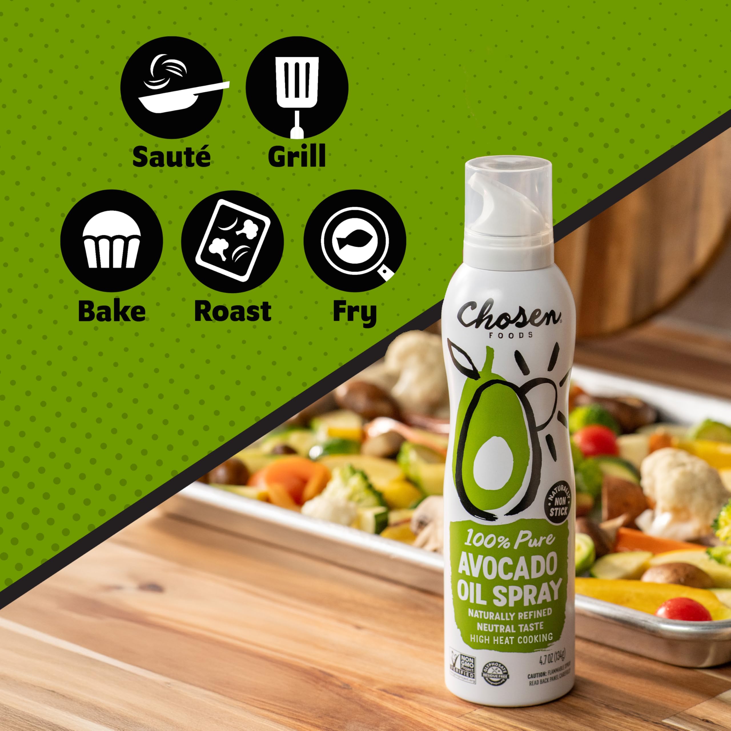Chosen Foods avocado oil spray applied to air fryer basket to prevent sticking and allow crisp cooking