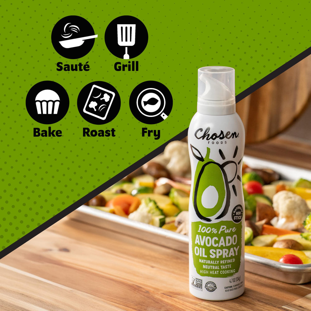 Chosen Foods avocado oil spray applied to air fryer basket to prevent sticking and allow crisp cooking