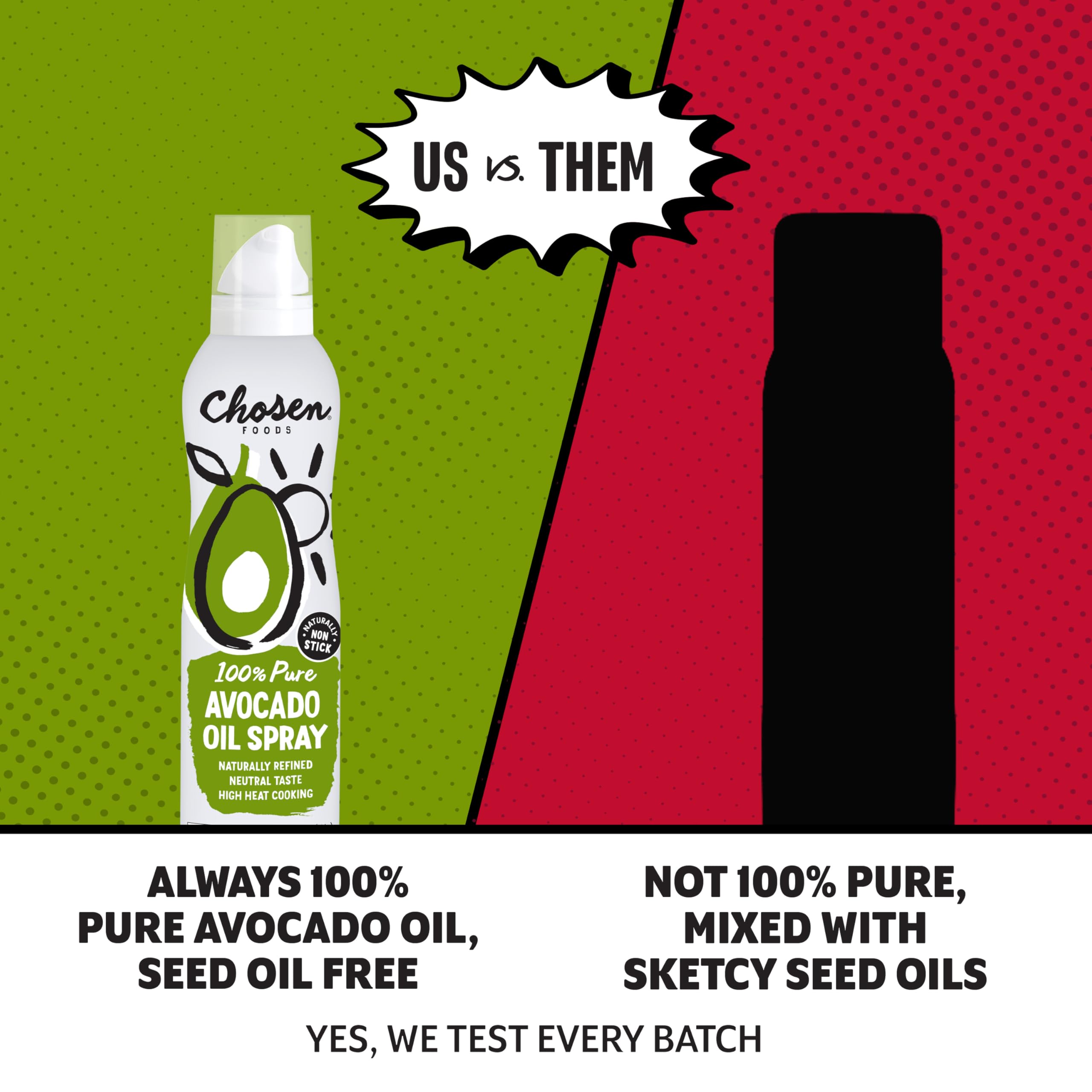 Chosen Foods avocado oil spray beside a hand for scale showing the 13.5 oz size and pantry-friendly convenience