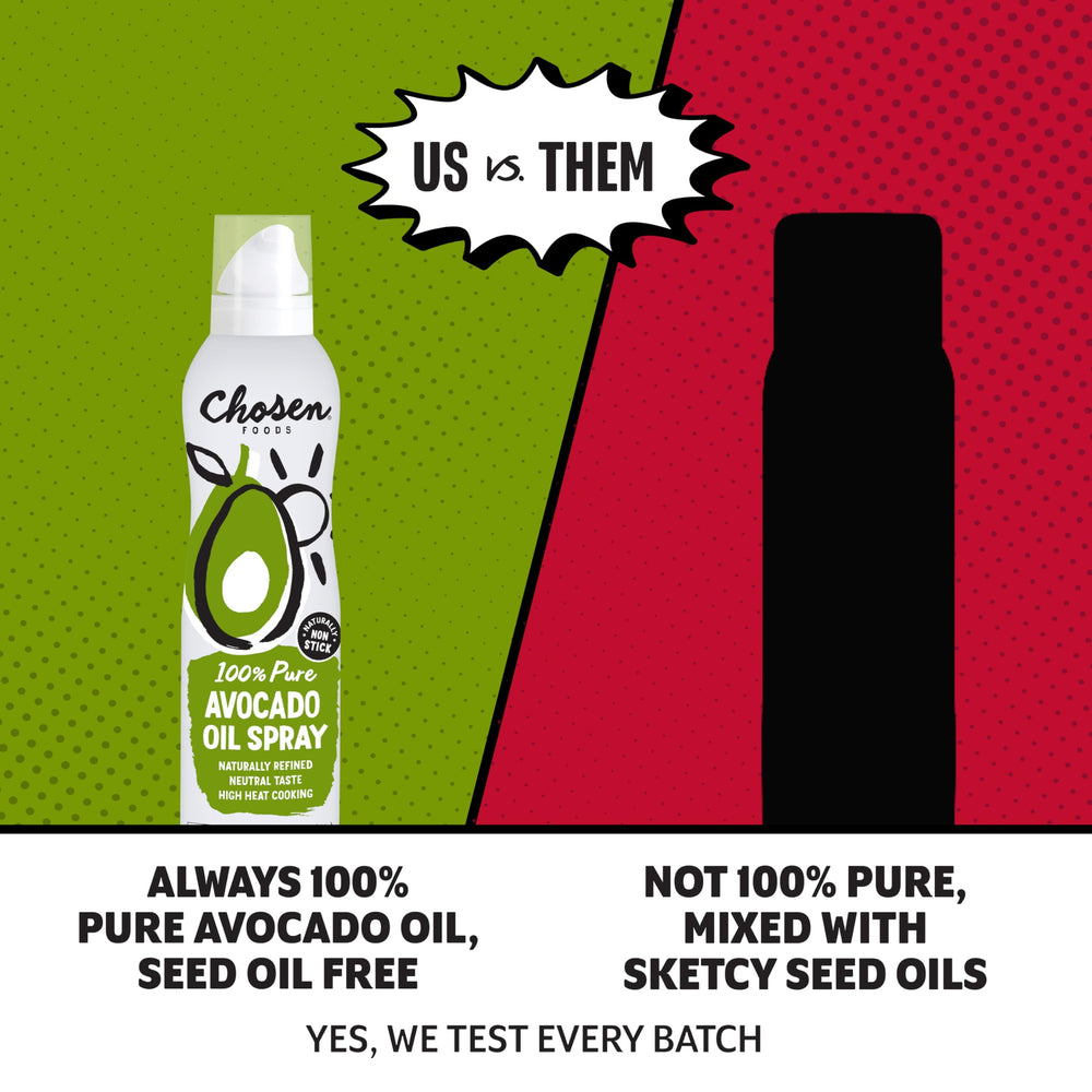Chosen Foods avocado oil spray beside a hand for scale showing the 13.5 oz size and pantry-friendly convenience