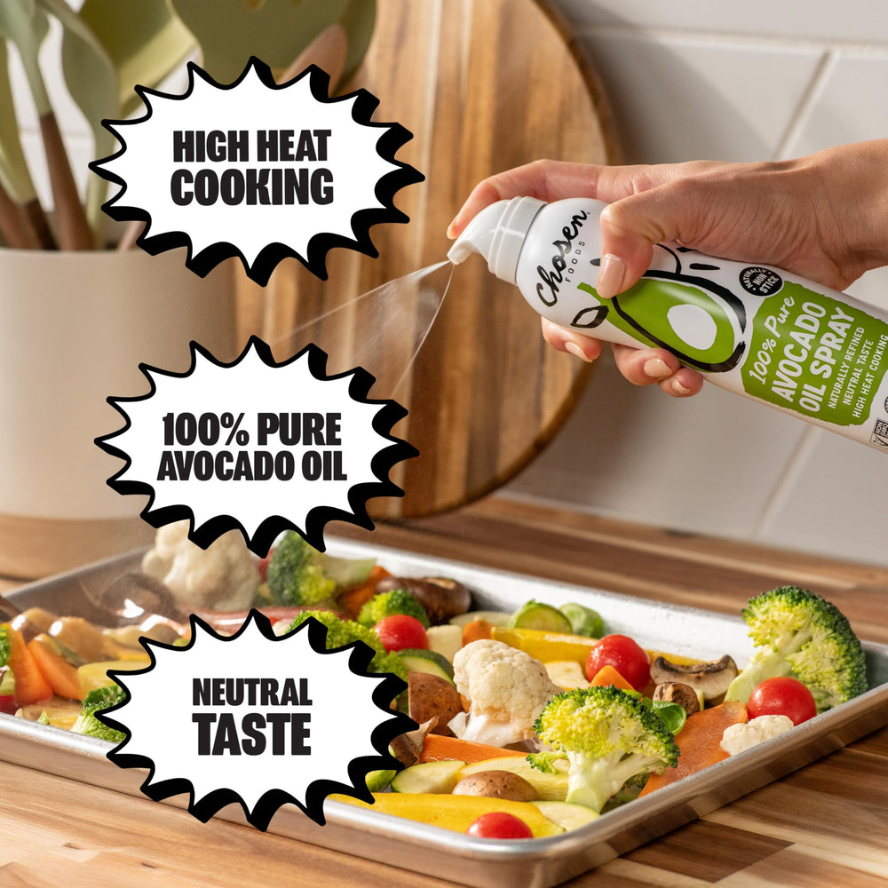 Chosen Foods avocado oil spray oil droplet on surface highlighting smooth texture and neutral-tasting benefit