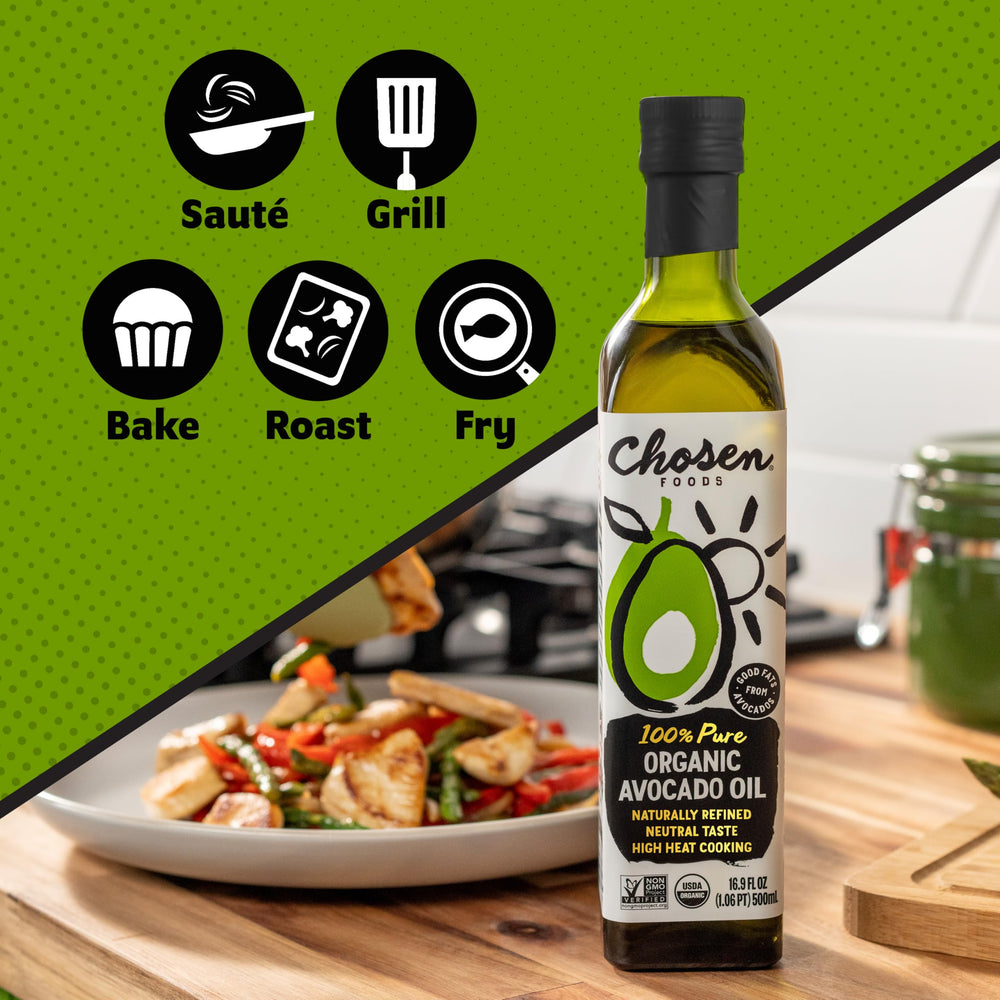 Chosen Foods bottle beside a measuring cup showing 500mL scale and size
