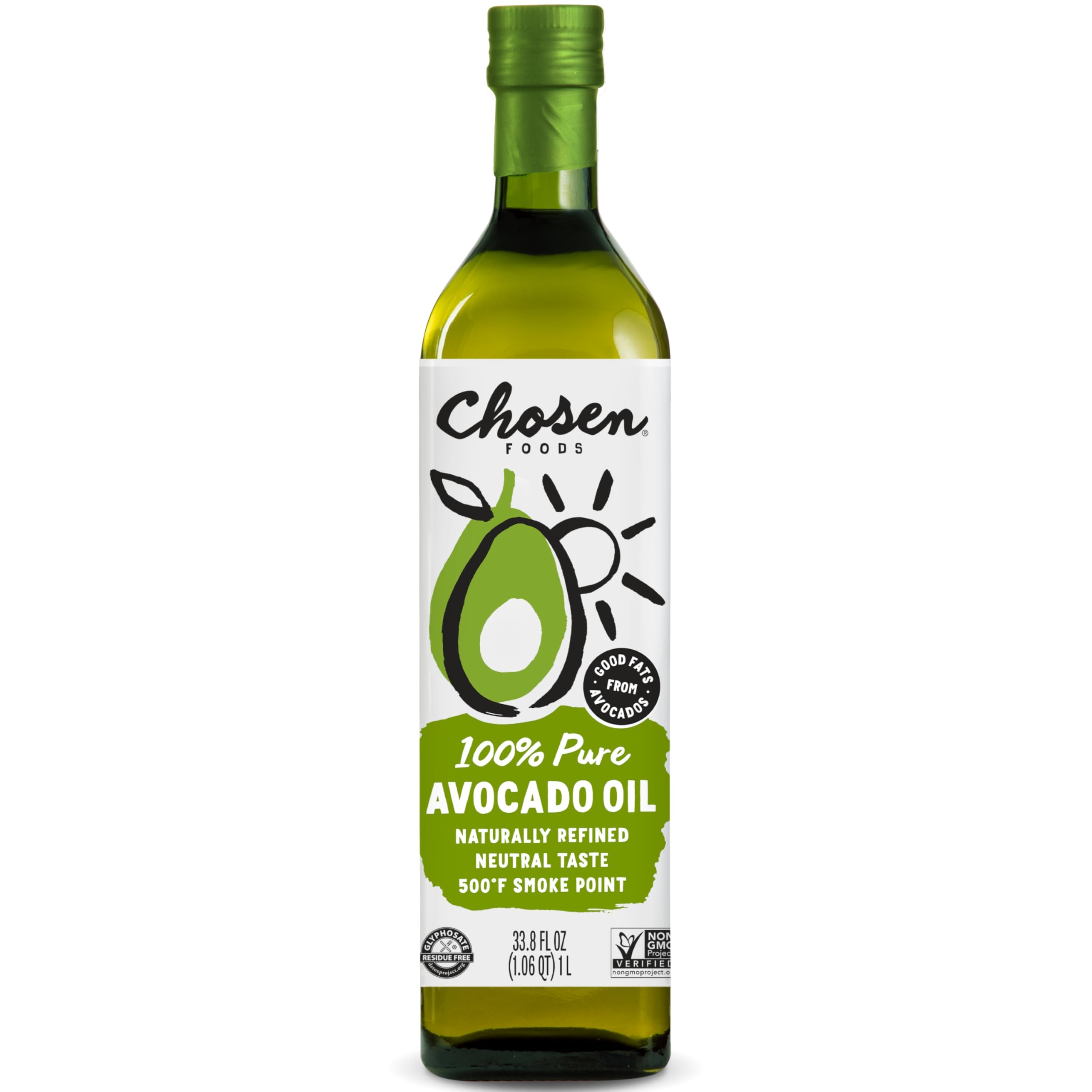 Chosen Foods front bottle view showing clean label and recyclable glass for pantry trust