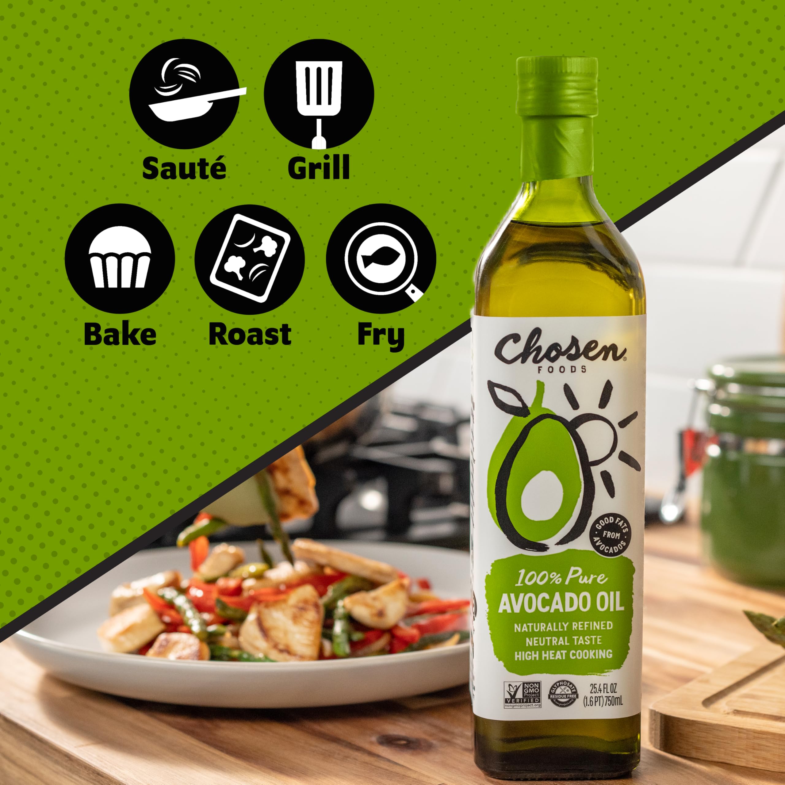 Chosen Foods label and certification badges emphasizing tested purity and non-GMO claim