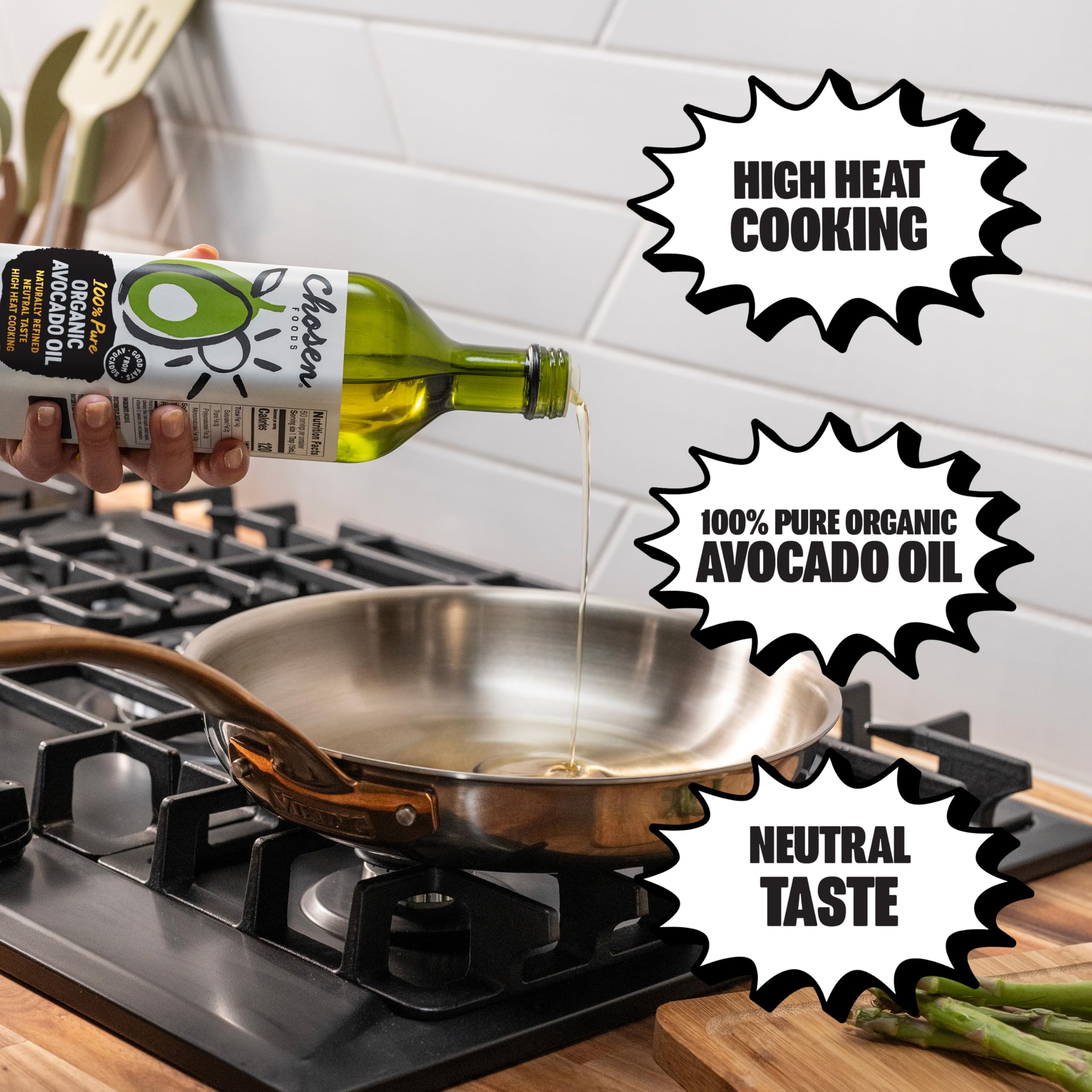Chosen Foods bottle beside avocados and herbs highlighting clean ingredient benefit