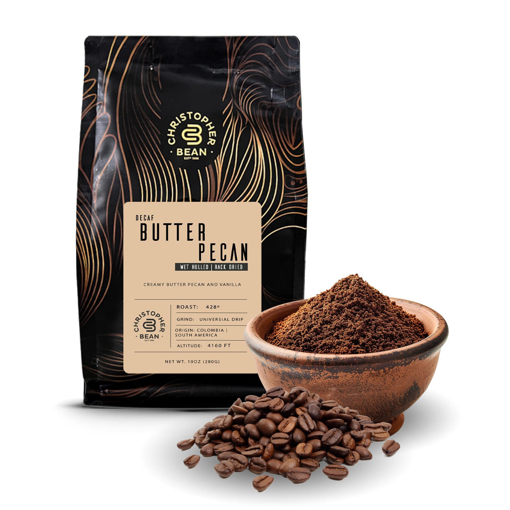 Christopher Bean Coffee front package showing butter pecan decaf and kosher seal, inviting aroma