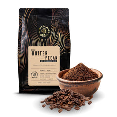 Christopher Bean Coffee front package showing butter pecan decaf and kosher seal, inviting aroma