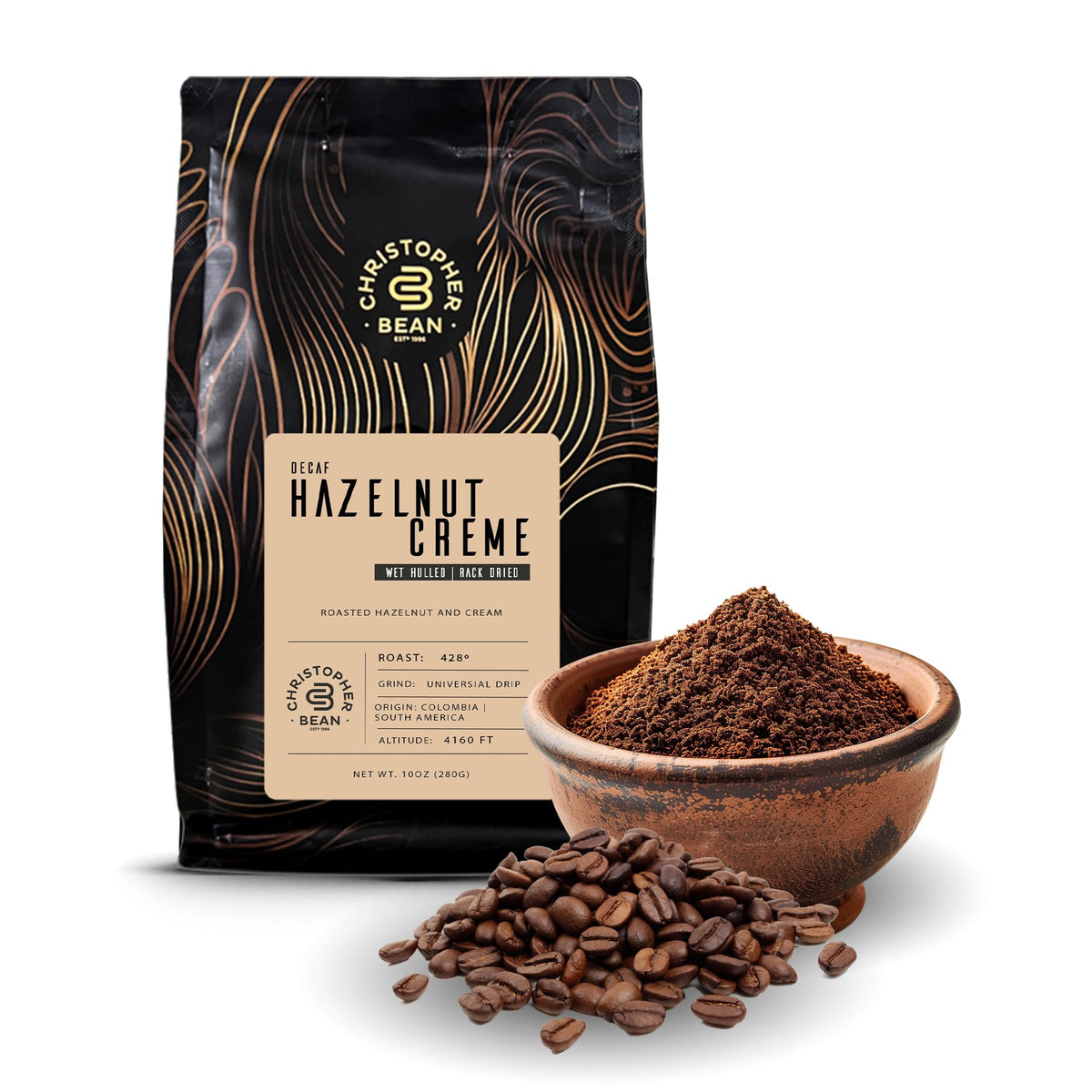 Christopher Bean Coffee front packaging showing 10-ounce bag and hazelnut flavor benefit
