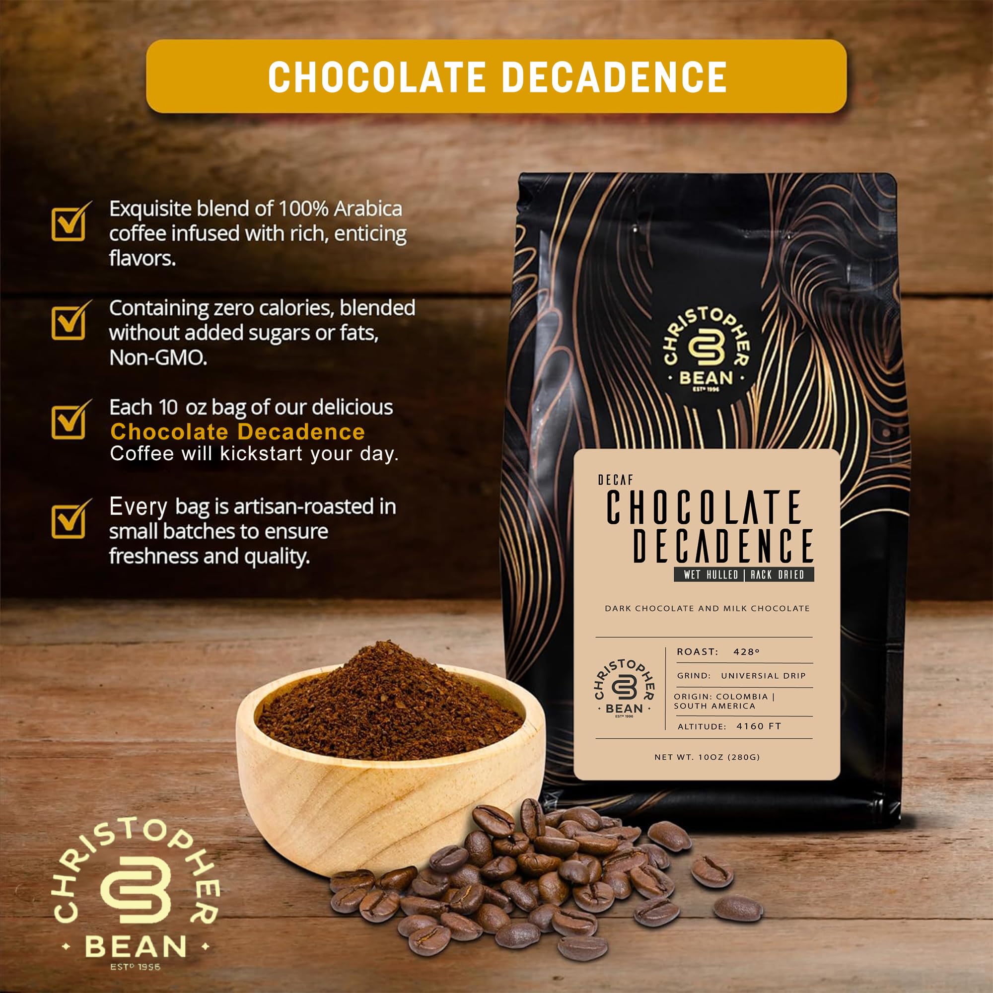 Christopher Bean bag next to measuring scoop showing 10-ounce scale benefit