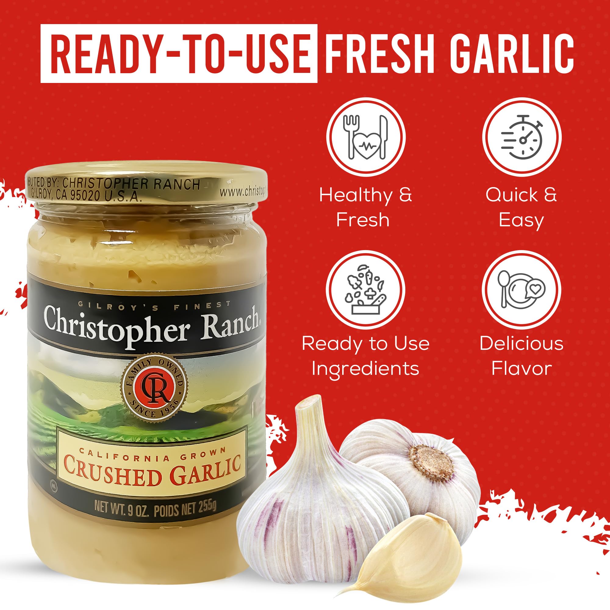 Christopher Ranch open jar top view reveals smooth creamy crushed garlic texture