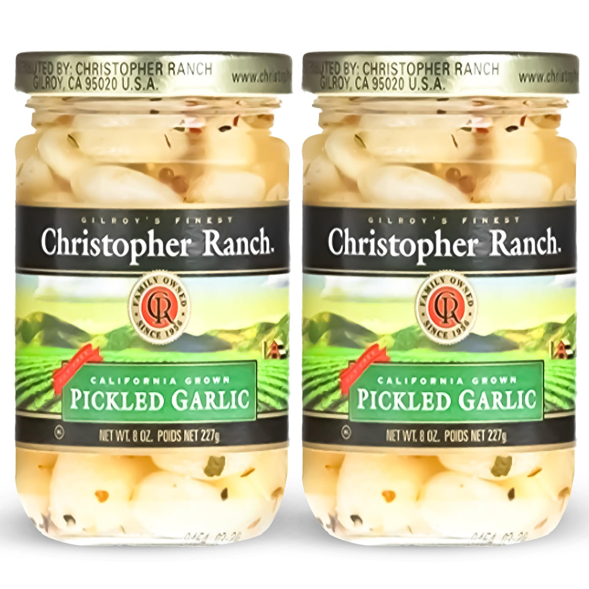 Christopher Ranch front jar view showing label and 100% California-grown claim for quick selection