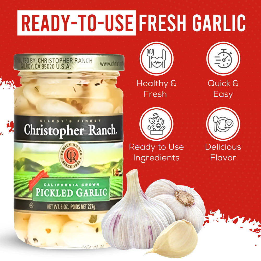 Open jar of Christopher Ranch pickled garlic cloves ready to use for cooking and snacking