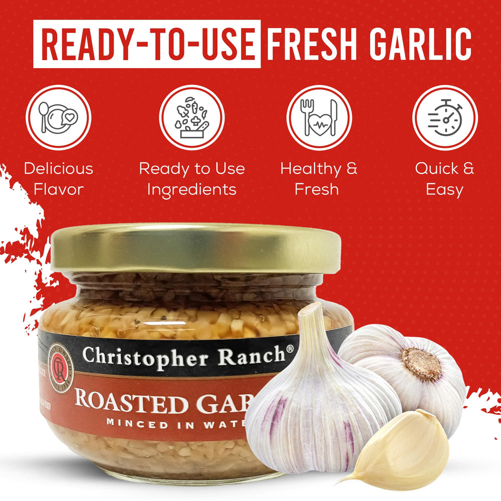 Christopher Ranch open jar showing minced roasted garlic and water for fast cooking