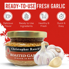 Christopher Ranch open jar showing minced roasted garlic and water for fast cooking