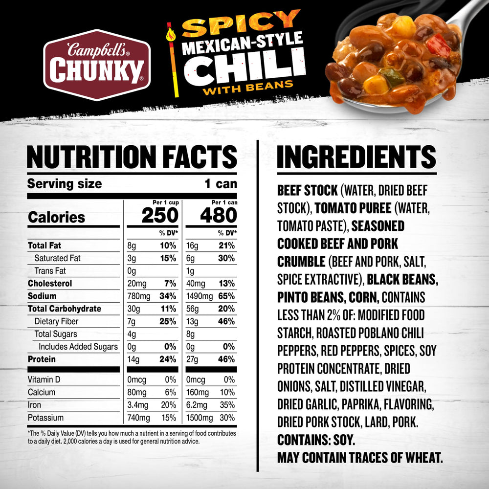 Campbell’s Chunky close-up of chili texture highlighting hearty meat and beans for satisfying meals