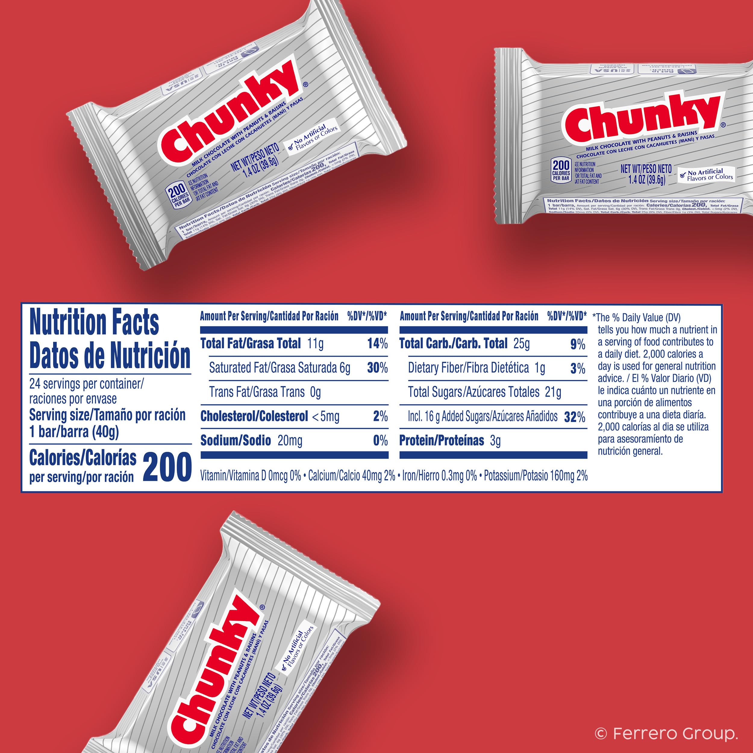 Unwrapped Chunky single bar showing chocolate, peanuts and raisins for quick snack appeal