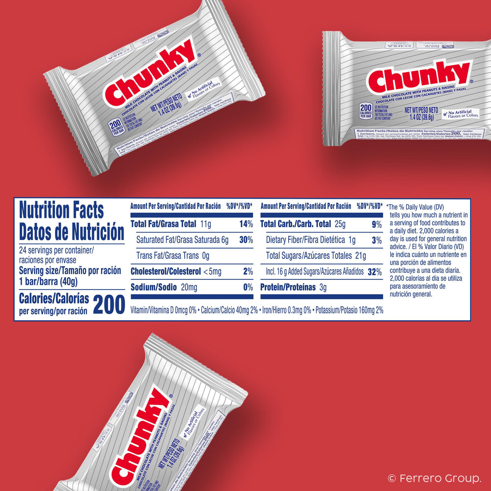 Unwrapped Chunky single bar showing chocolate, peanuts and raisins for quick snack appeal