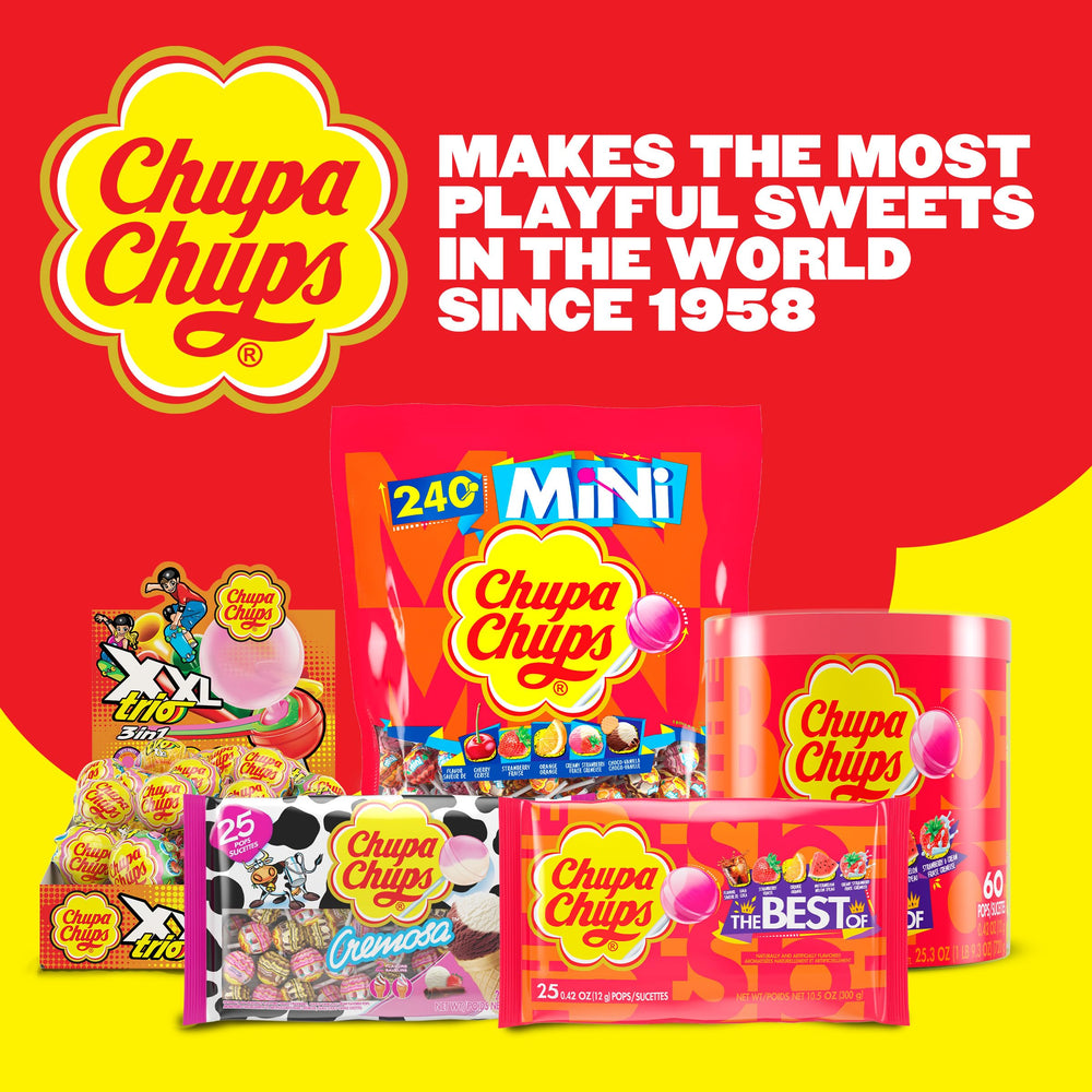 Open Chupa Chups drum revealing 60 individually wrapped lollipops inside