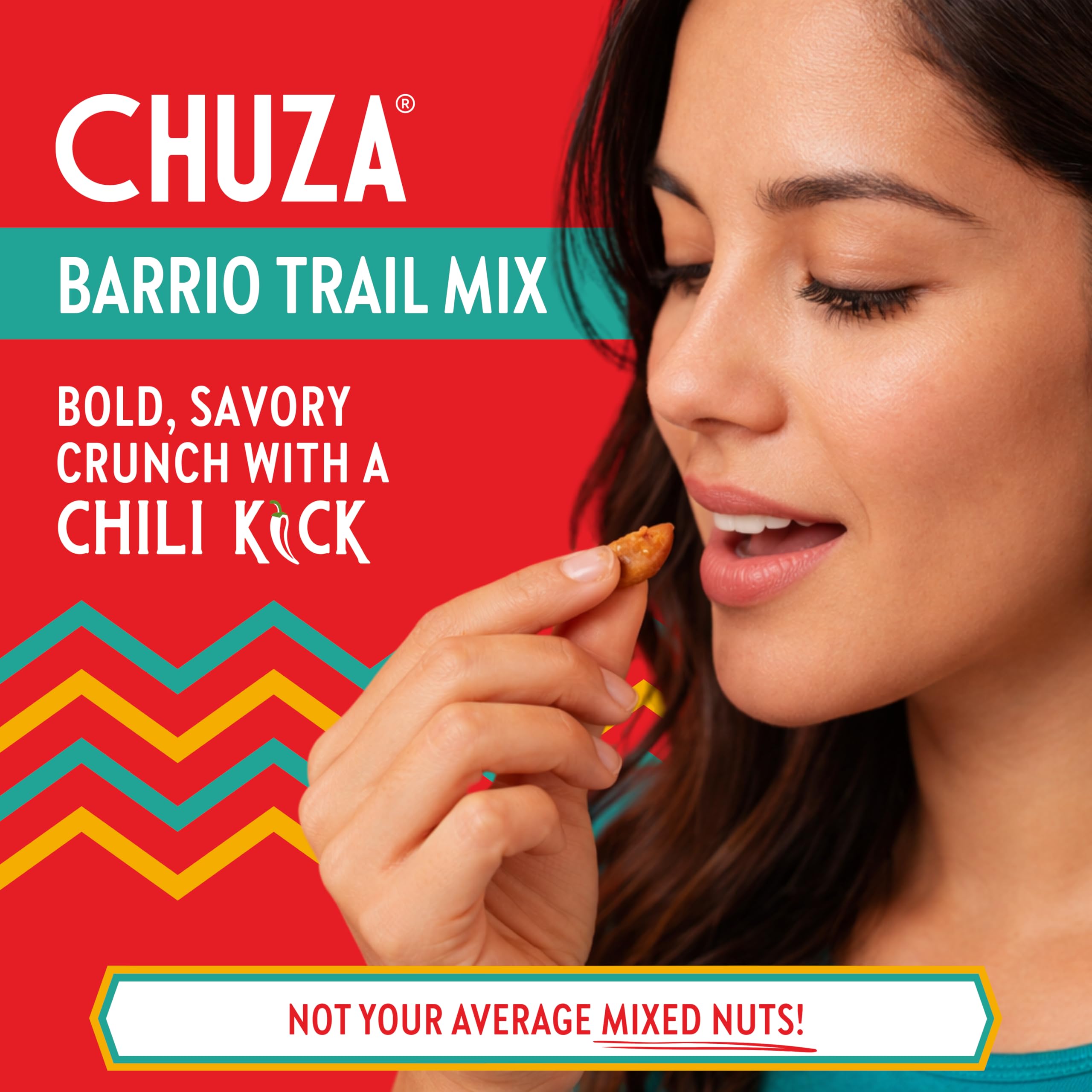 CHUZA close-up of mix texture highlighting crunchy nuts and chips for satisfying bite