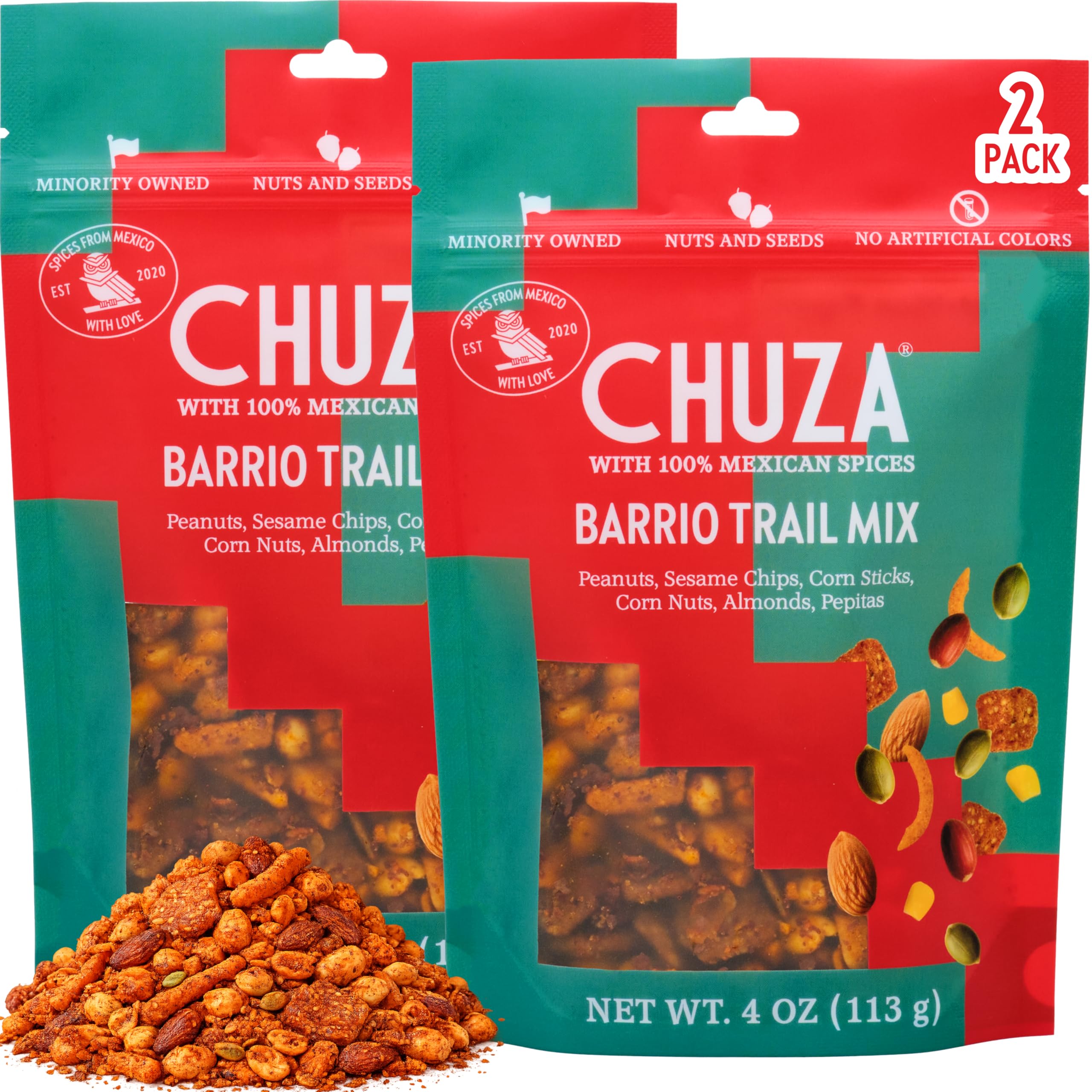 CHUZA front packaging showing resealable 4 oz pouch and bold spices benefit portability