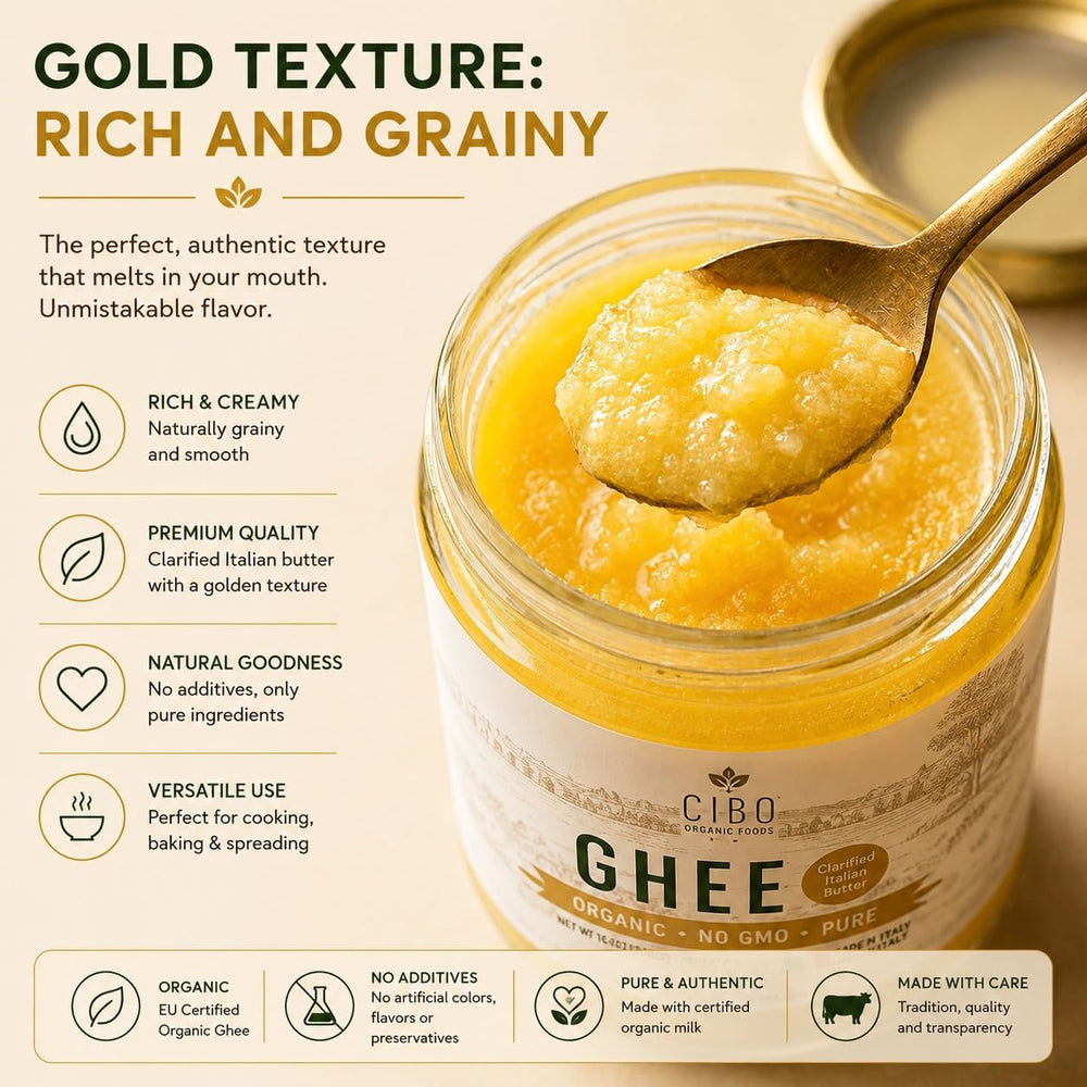 Cibo ghee close-up golden texture highlights clean clarified butter