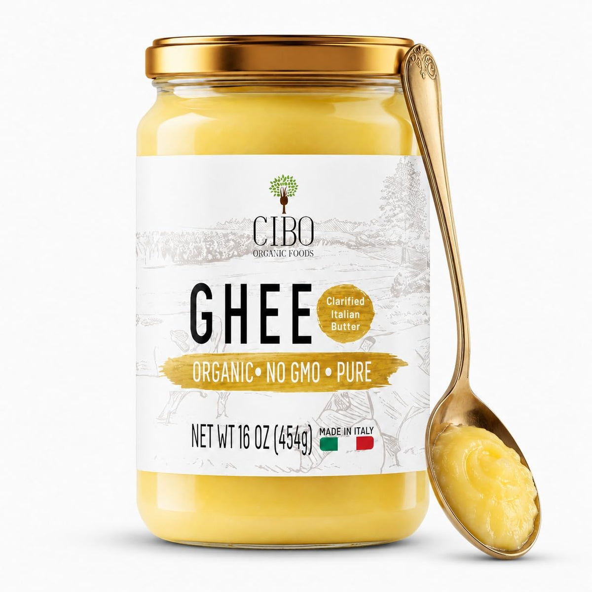 Cibo ghee front jar showing Italian label and organic origin benefit