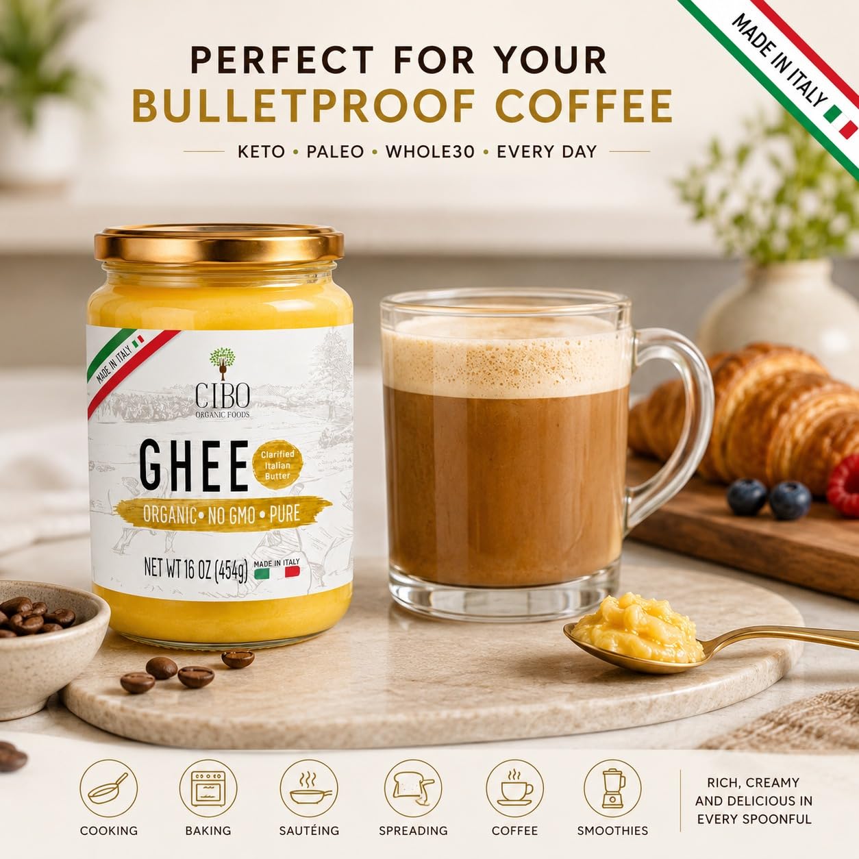 Cibo ghee on kitchen counter for versatile cooking and pantry convenience