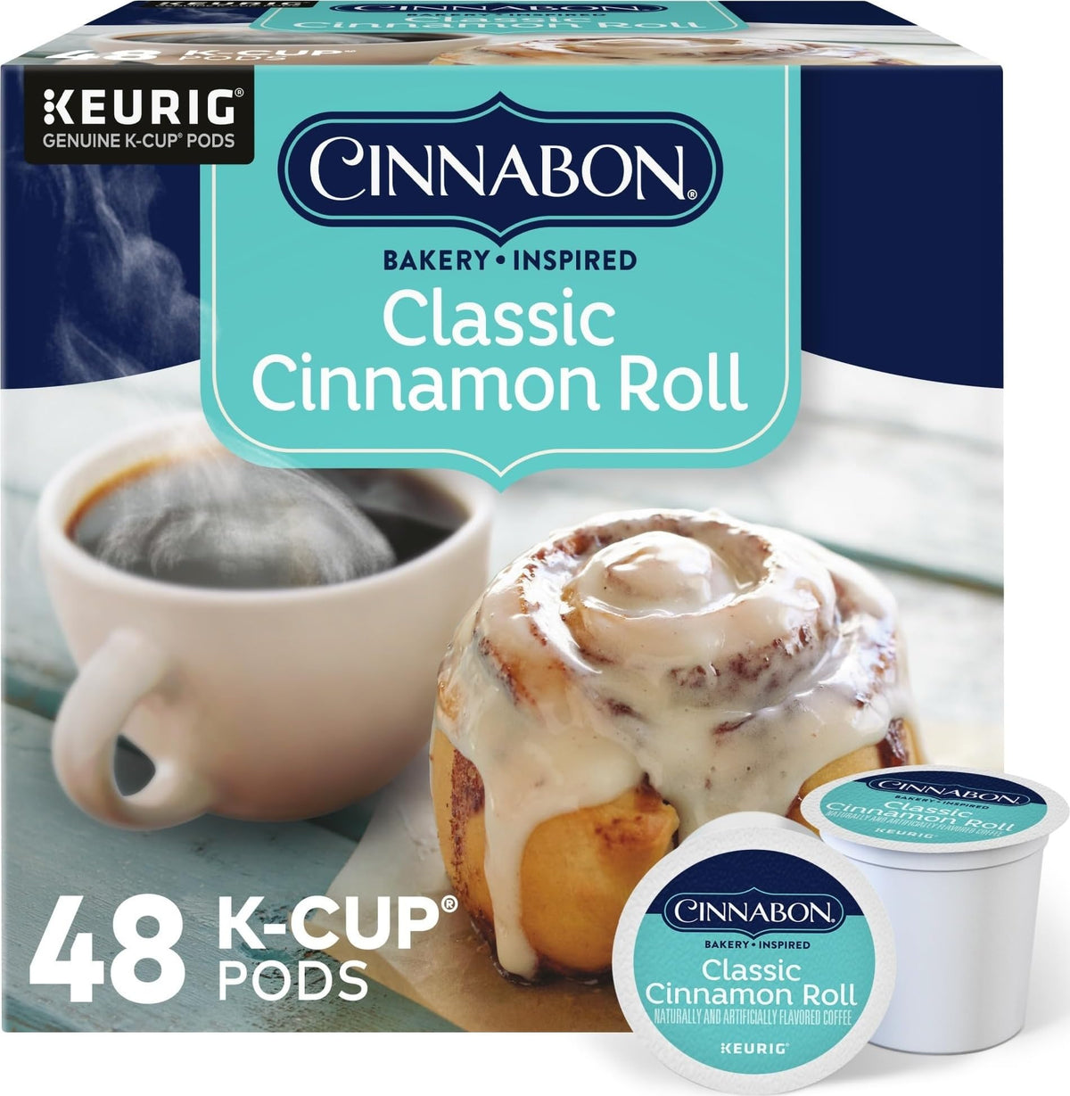 CINNABON front box of 48 K-Cup pods showing packaging and convenience